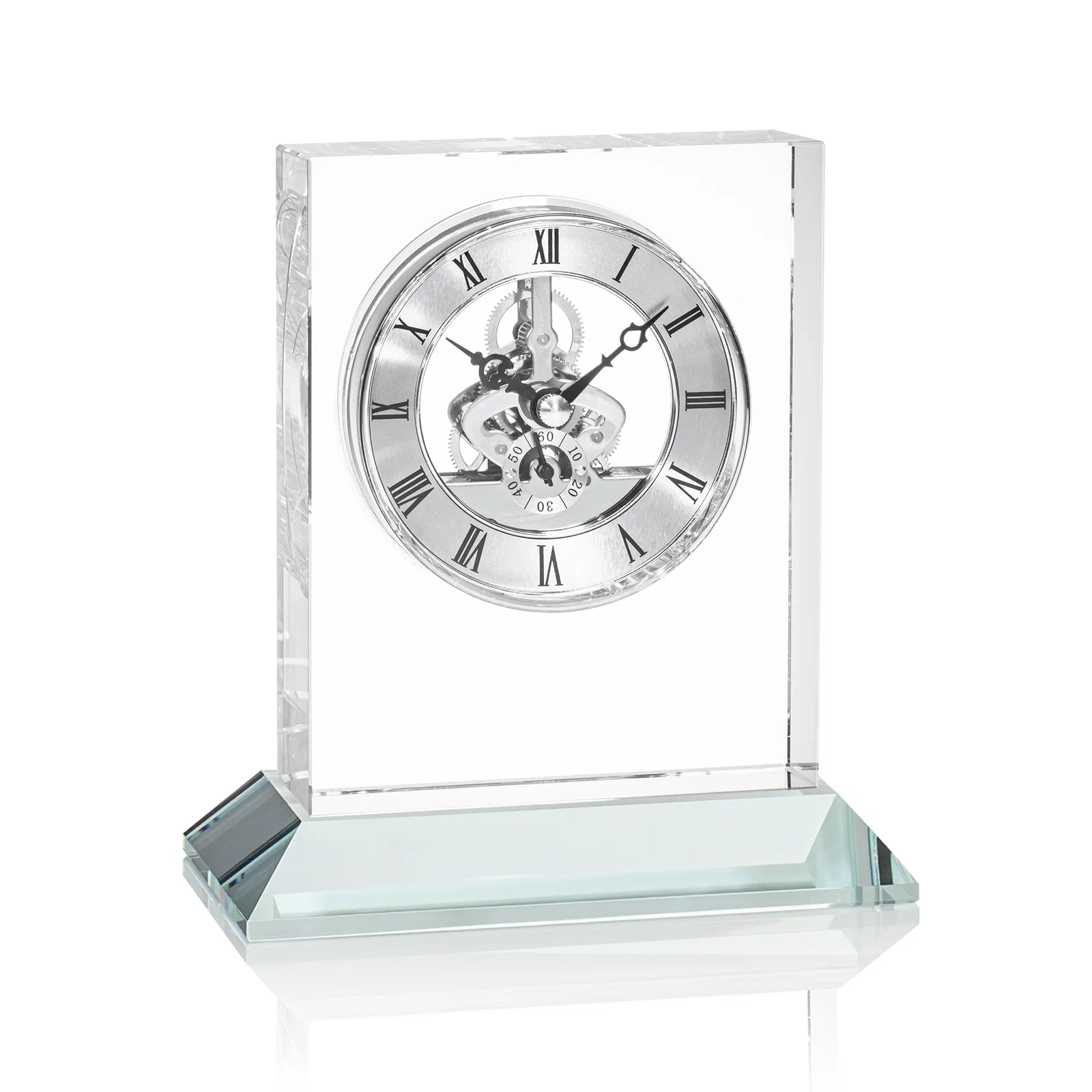 Branded Optical Crystal Skeleton Clock With Eleven Base Color Options for safety achievement programs