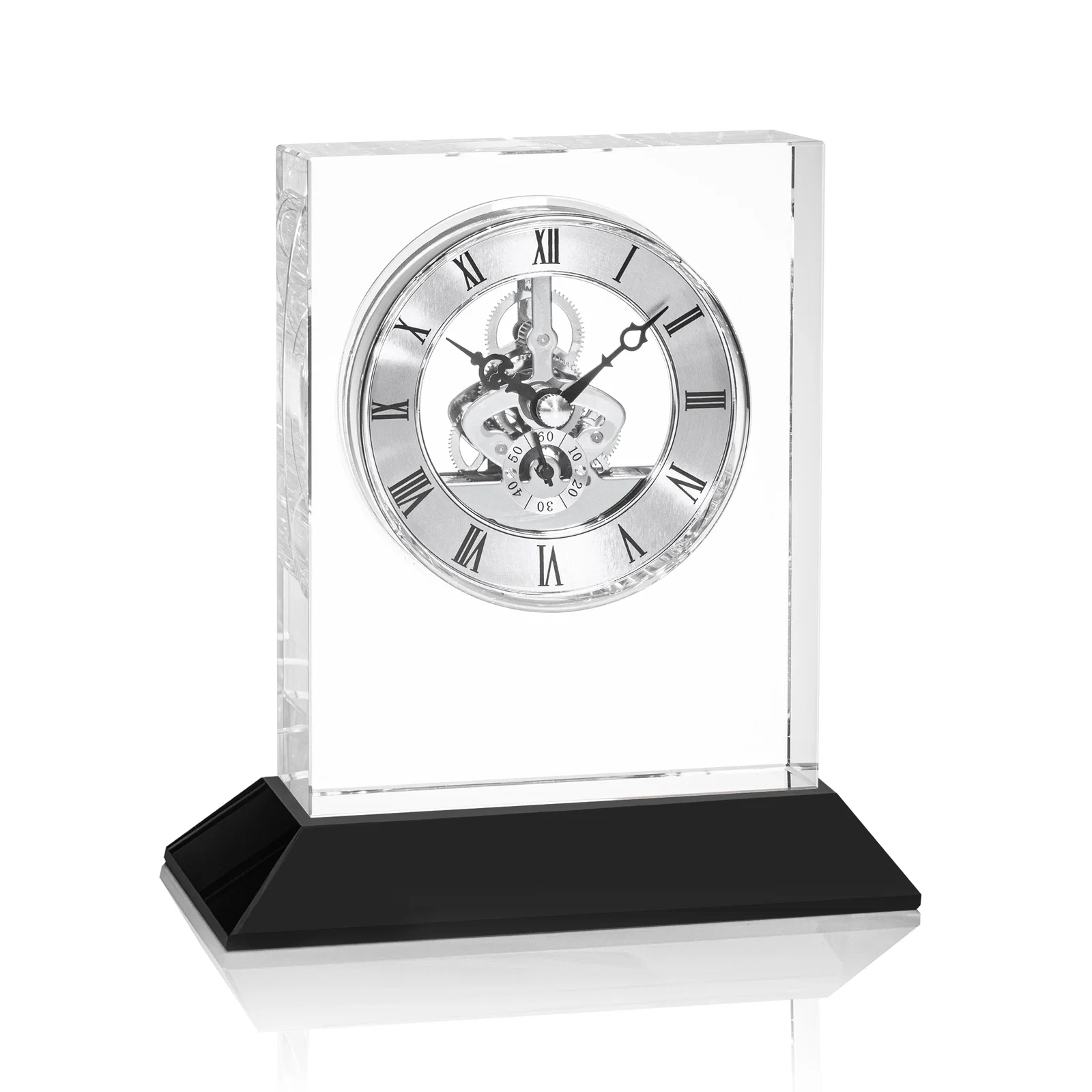 Branded Optical Crystal Skeleton Clock With Eleven Base Color Options for volunteer appreciation