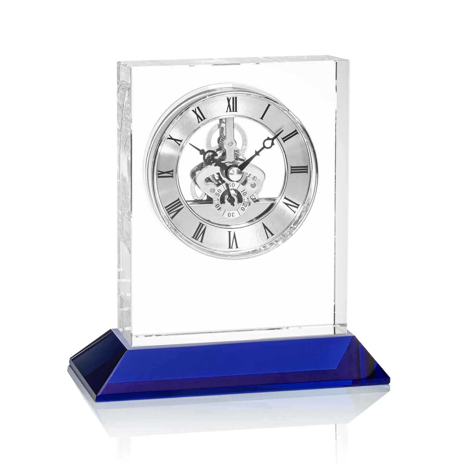 Branded Optical Crystal Skeleton Clock With Eleven Base Color Options for dealer and partner awards