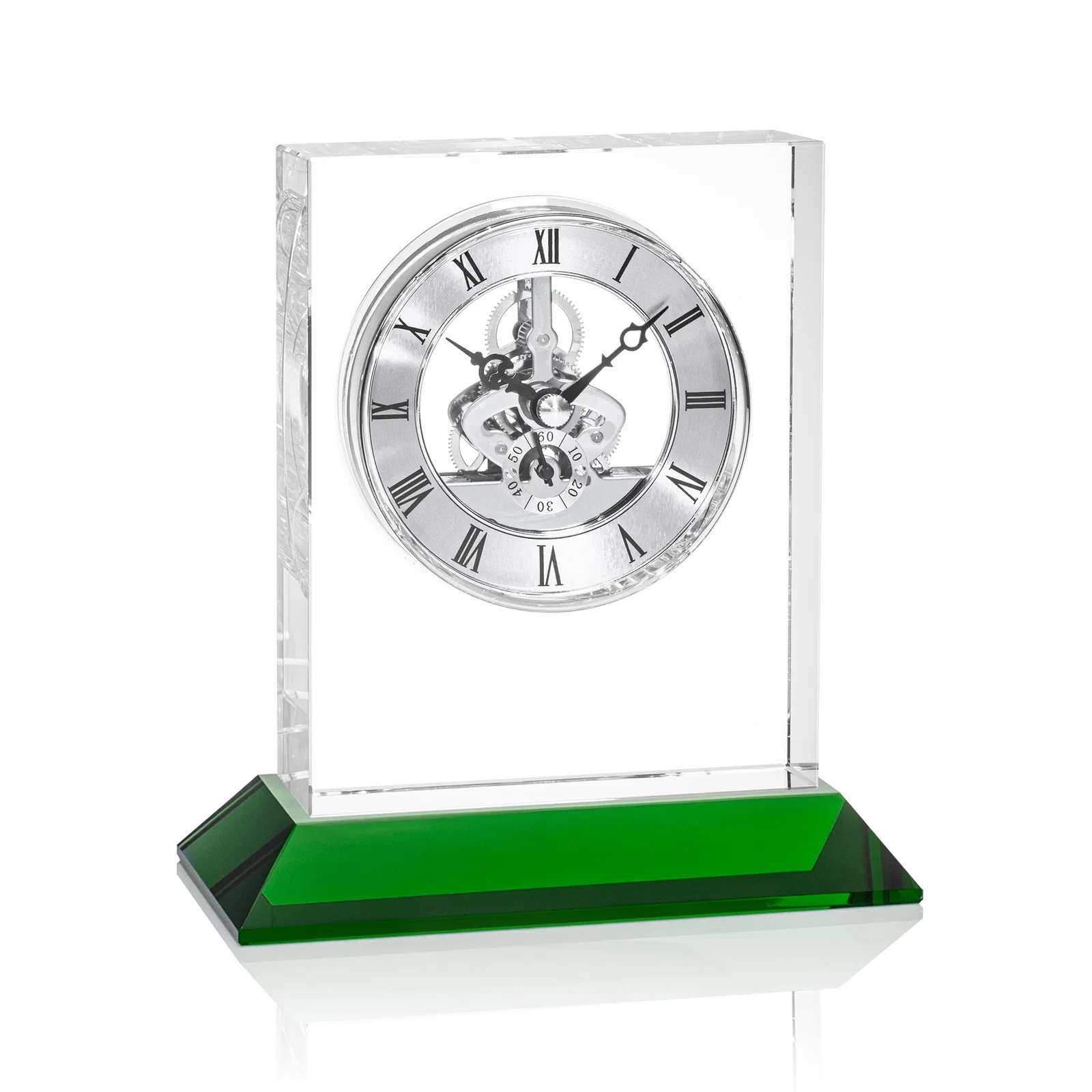 Branded Optical Crystal Skeleton Clock With Eleven Base Color Options for company anniversary events
