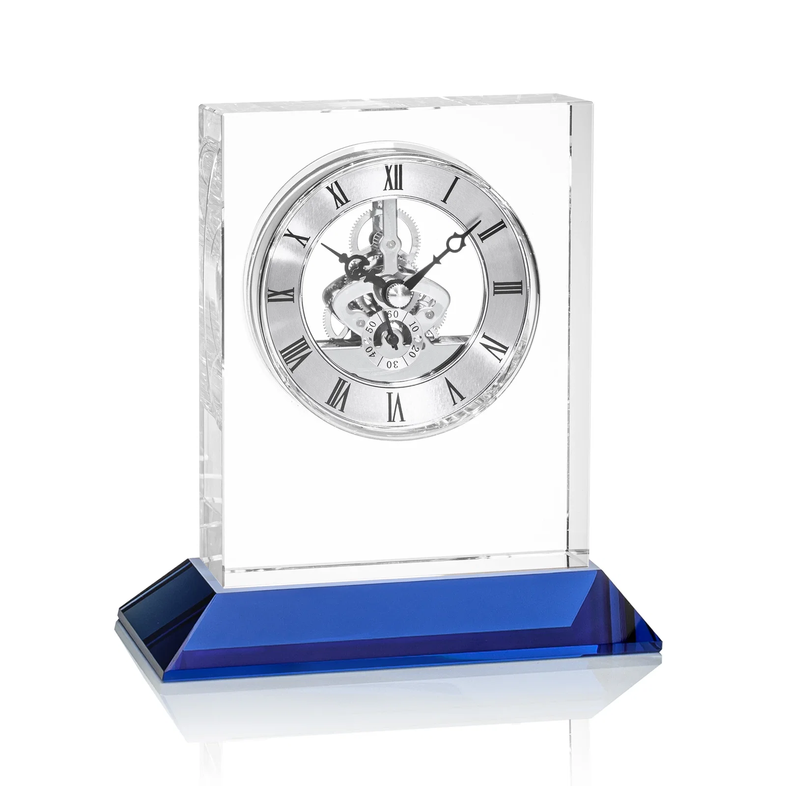 Custom printed Optical Crystal Skeleton Clock With Eleven Base Color Options for employee recognition