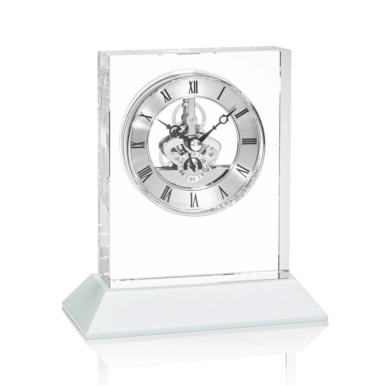 Custom printed Optical Crystal Skeleton Clock With Eleven Base Color Options for corporate award ceremonies
