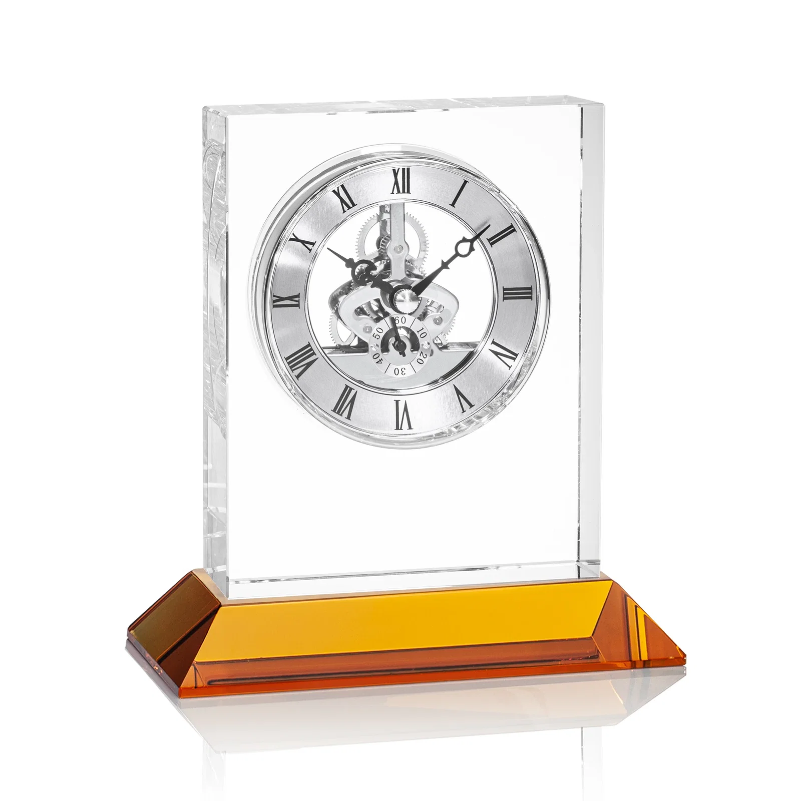 Custom printed Optical Crystal Skeleton Clock With Eleven Base Color Options for service anniversary gifts