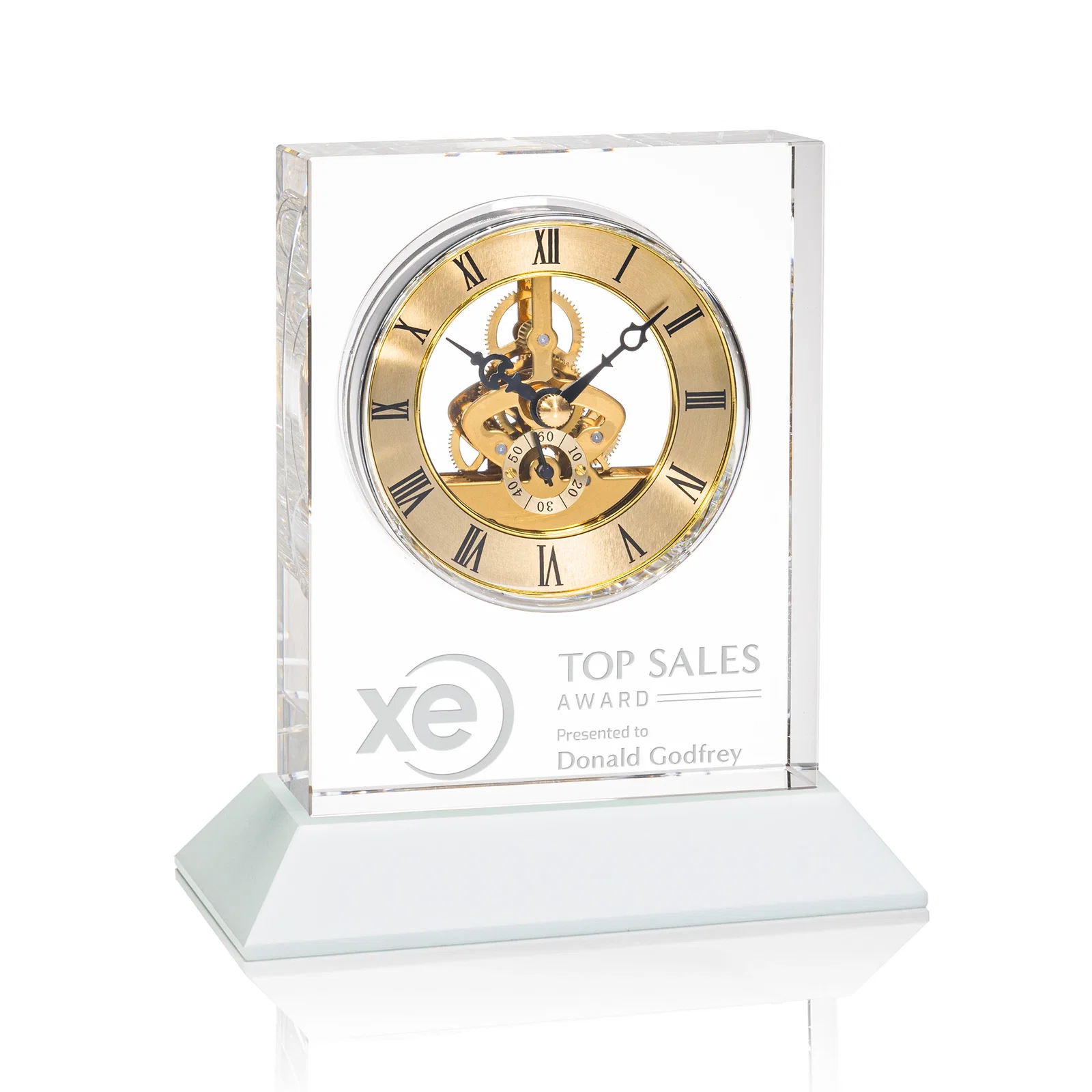 Custom Optical Crystal Skeleton Clock With Eleven Base Color Options for team milestone celebrations