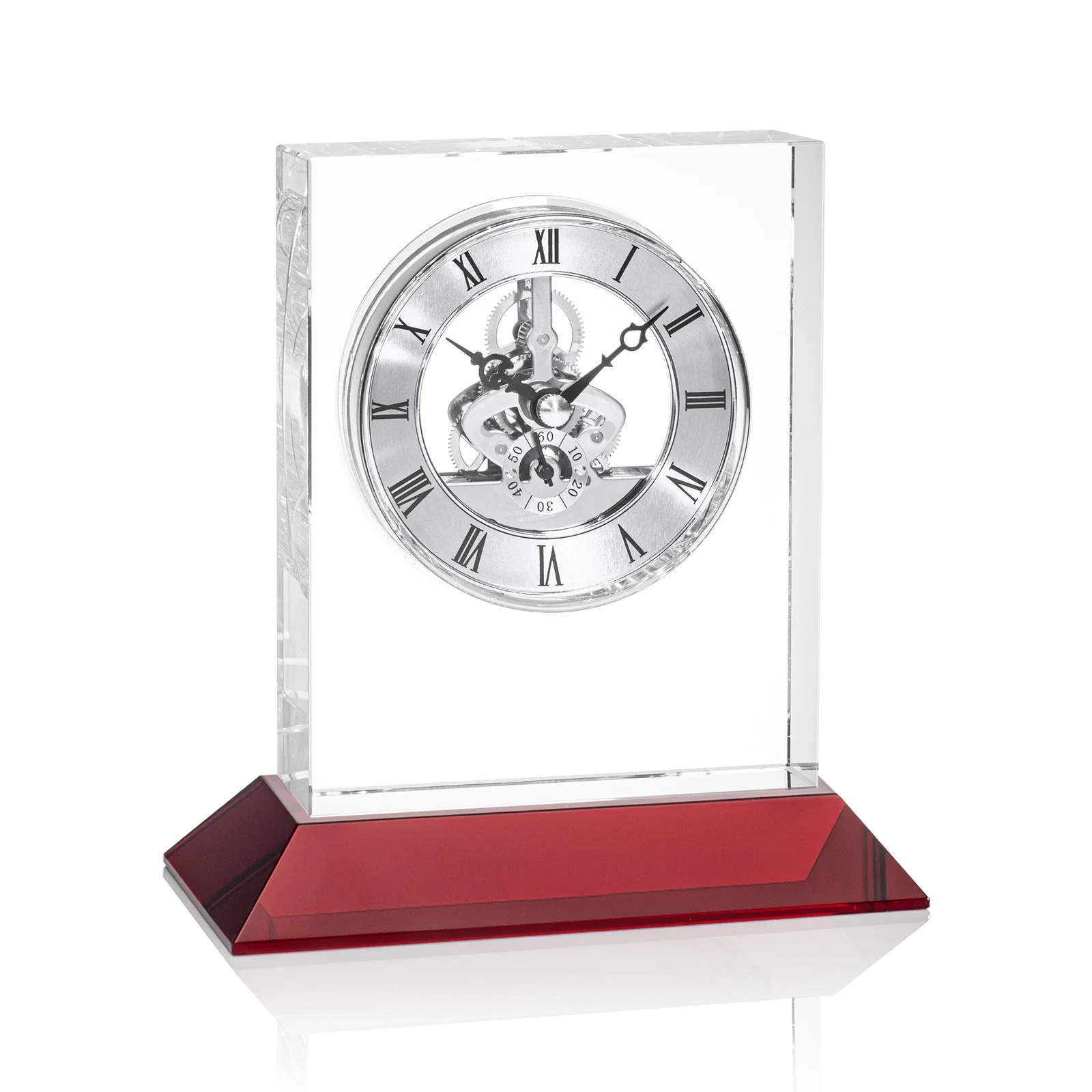 Custom printed Optical Crystal Skeleton Clock With Eleven Base Color Options for sales achievement awards