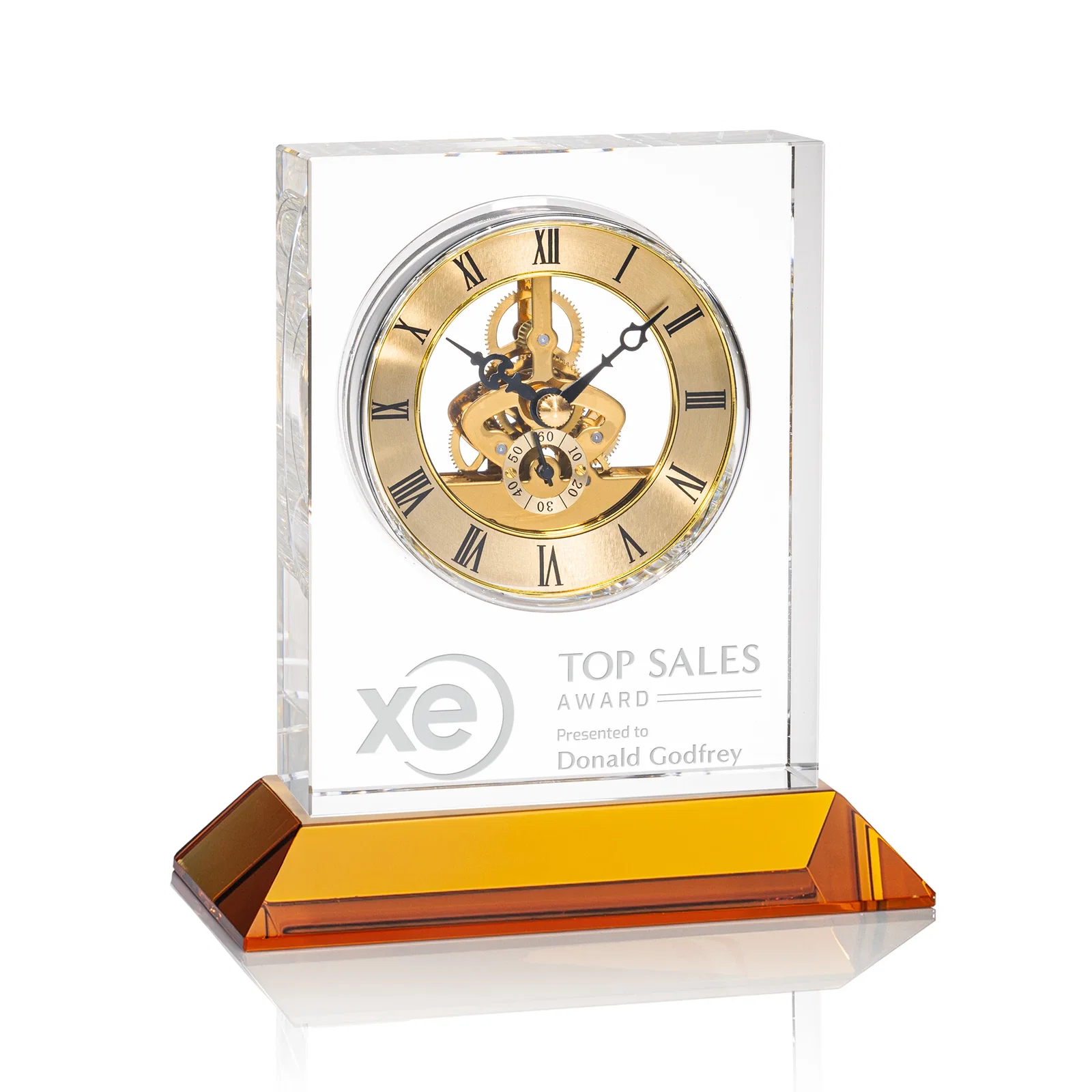 Custom Optical Crystal Skeleton Clock With Eleven Base Color Options for donor appreciation