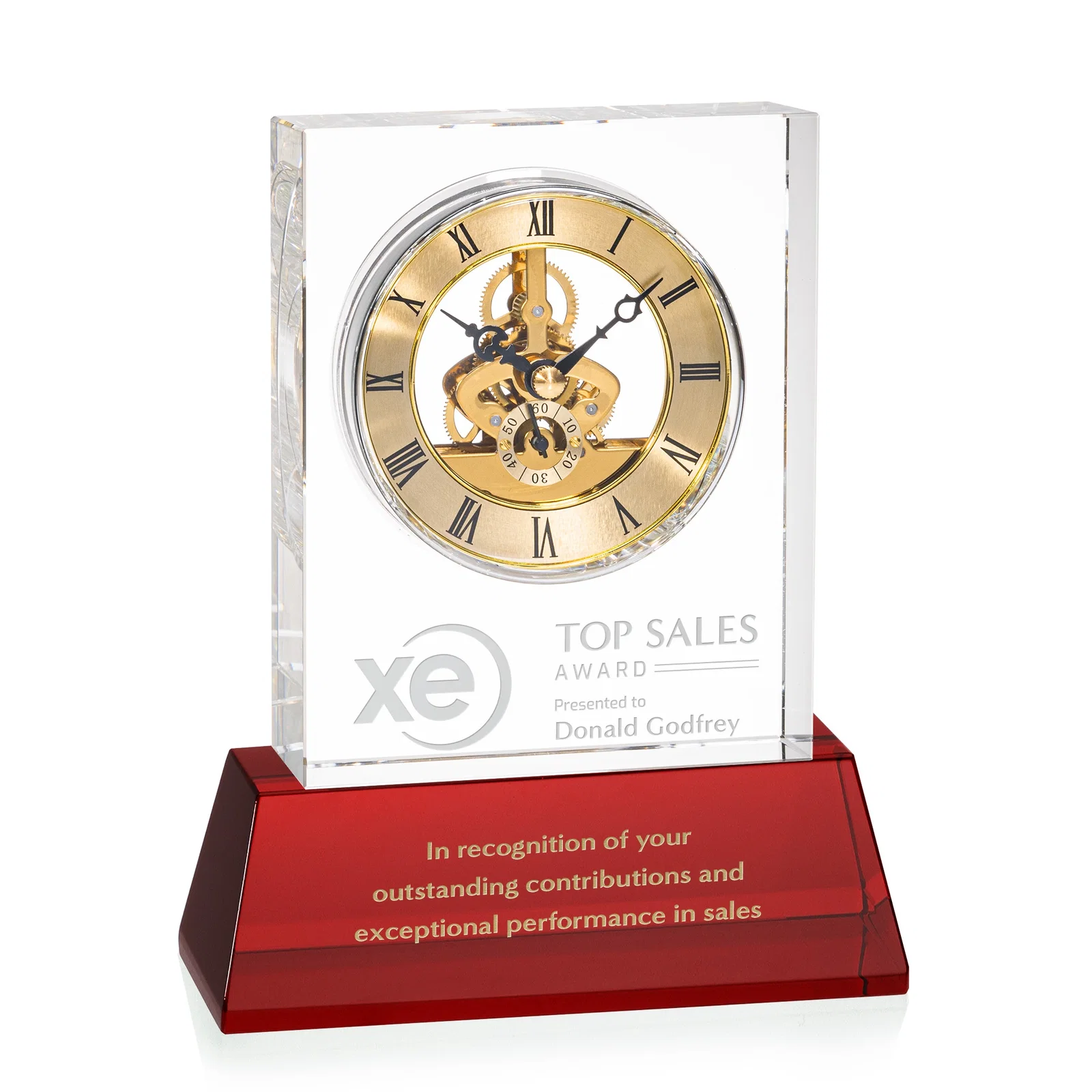 Custom Optical Crystal Skeleton Clock With Eleven Base Color Options for safety achievement programs