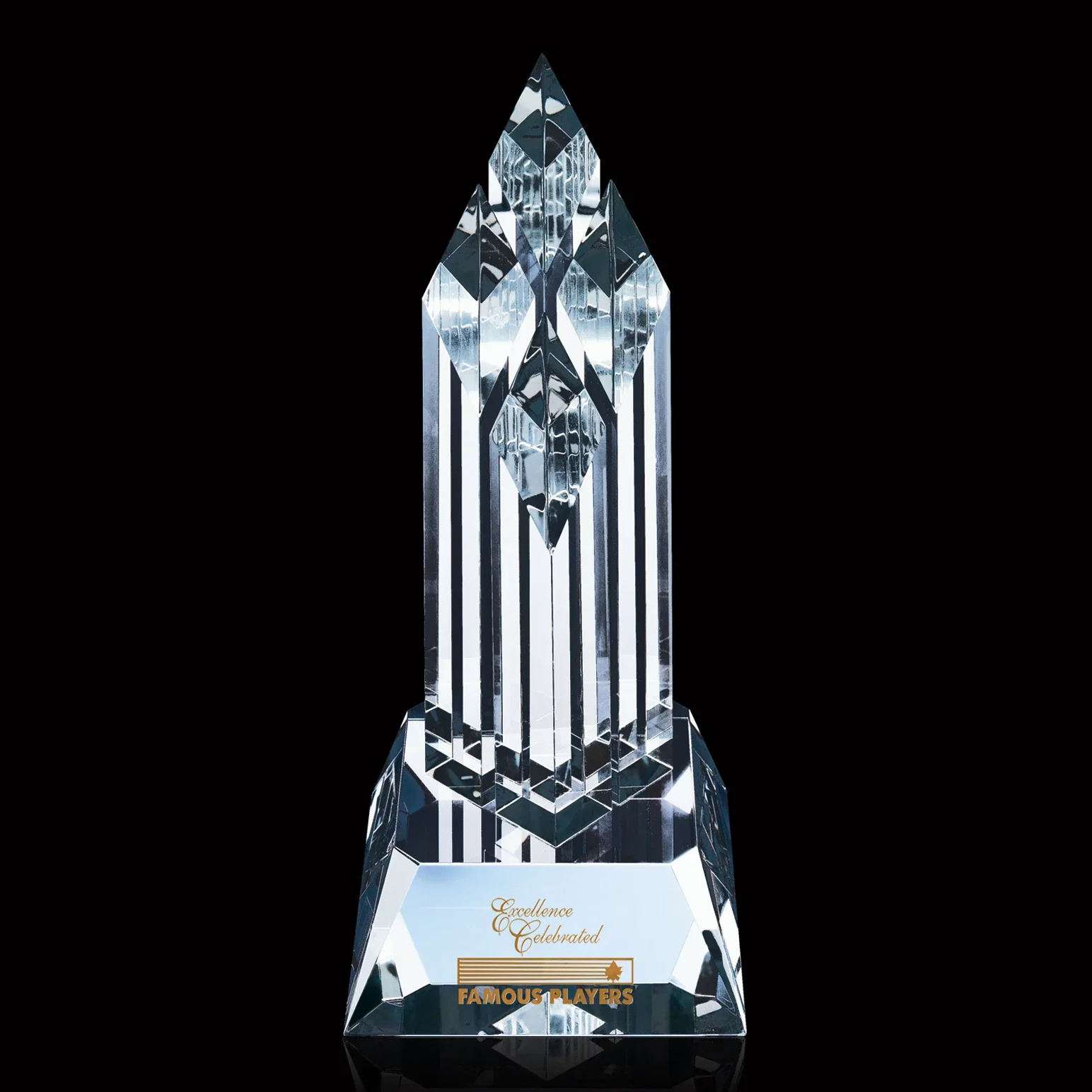 Custom Four Sloped-Tower Optical Crystal Award on Angled Base for employee recognition