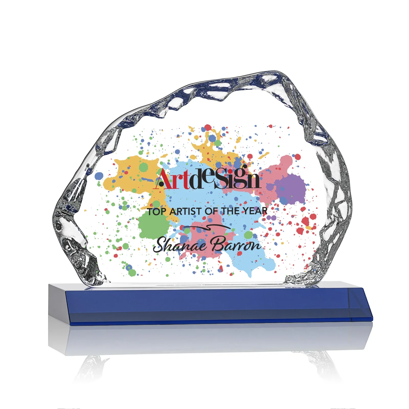 Personalized Optical Crystal Iceberg Award on Mitered Color Base - Aspen, awards for employee recognition