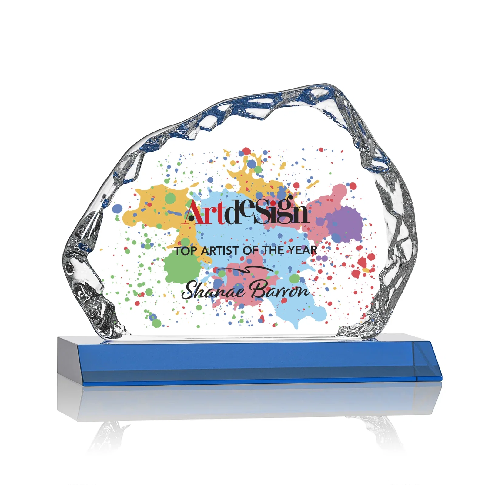 Personalized Optical Crystal Iceberg Award on Mitered Color Base - Aspen, awards for service anniversary gifts