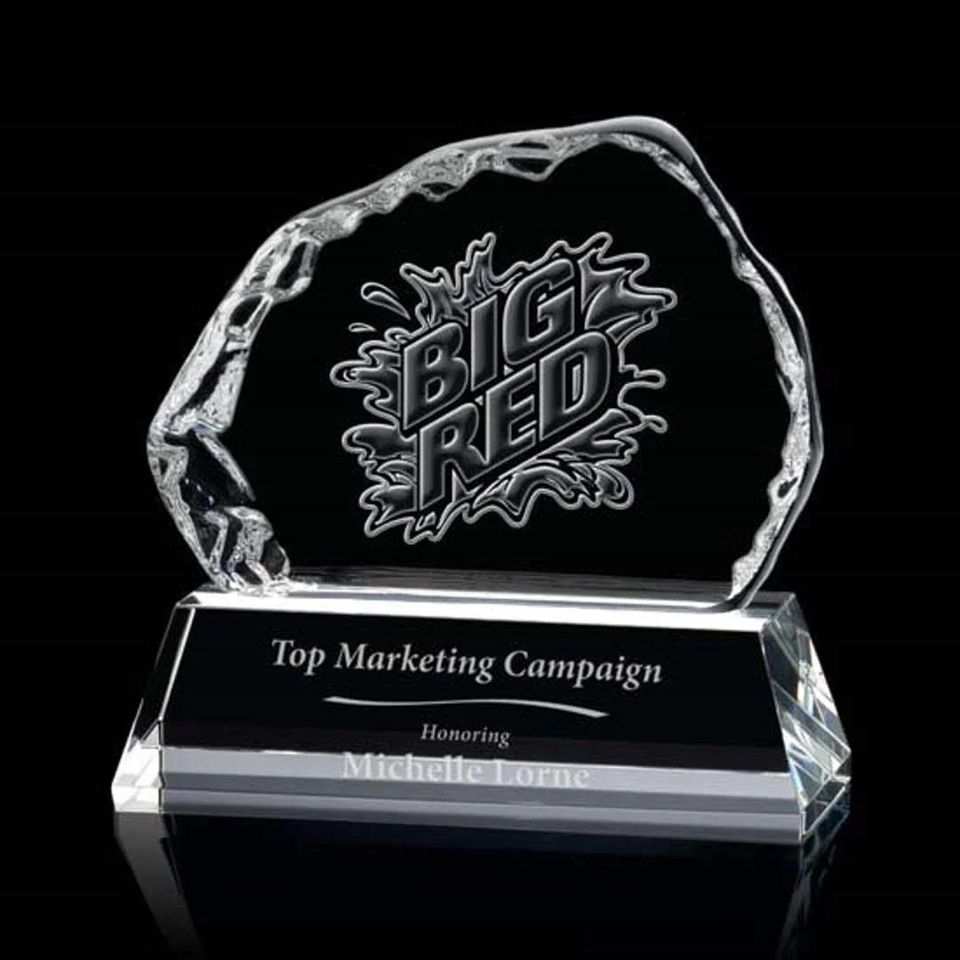 Custom Optical Crystal Iceberg Award With a 5 x 3.75 Back Etch, awards for employee recognition