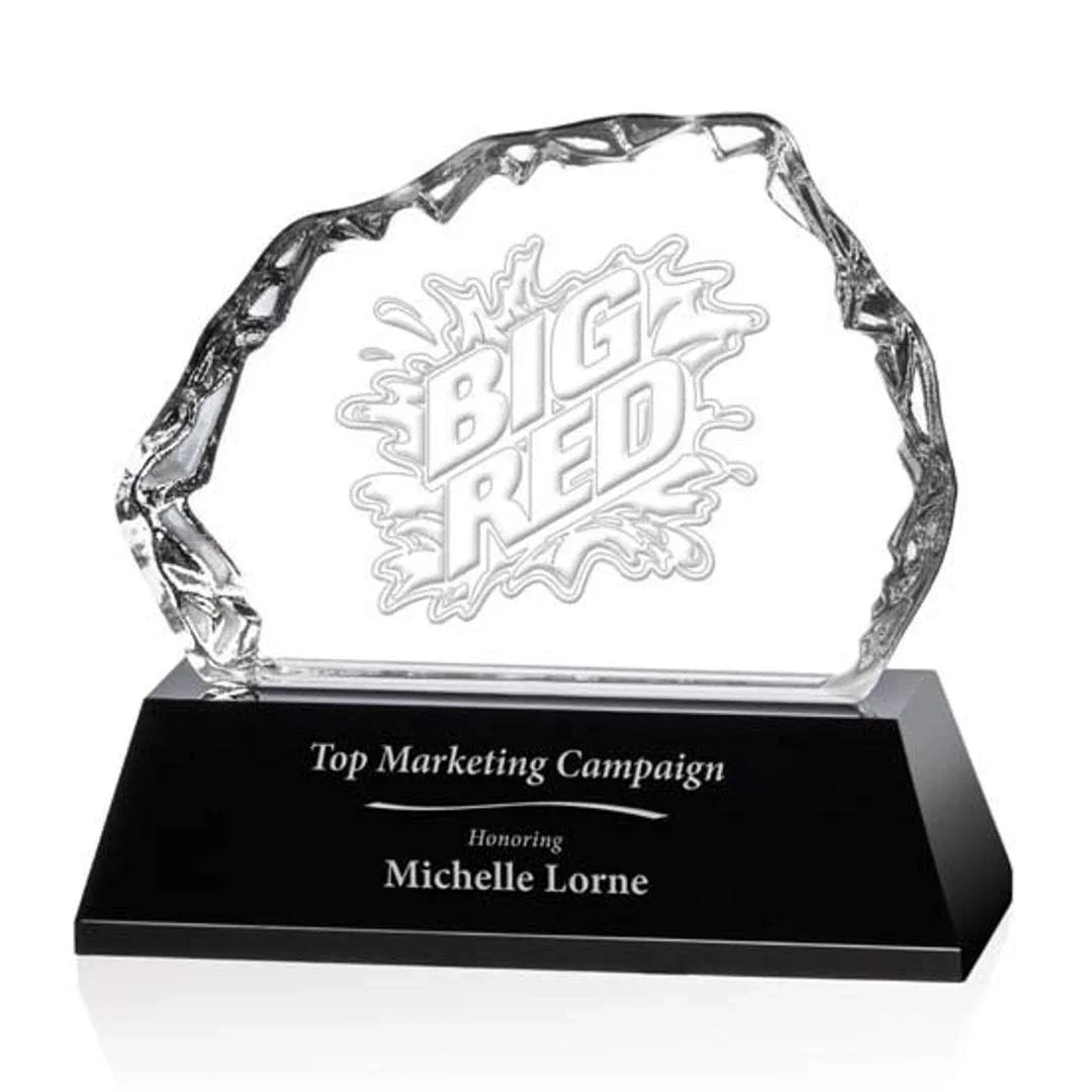 Custom Optical Crystal Iceberg Award With a 5 x 3.75 Back Etch, awards for corporate award ceremonies
