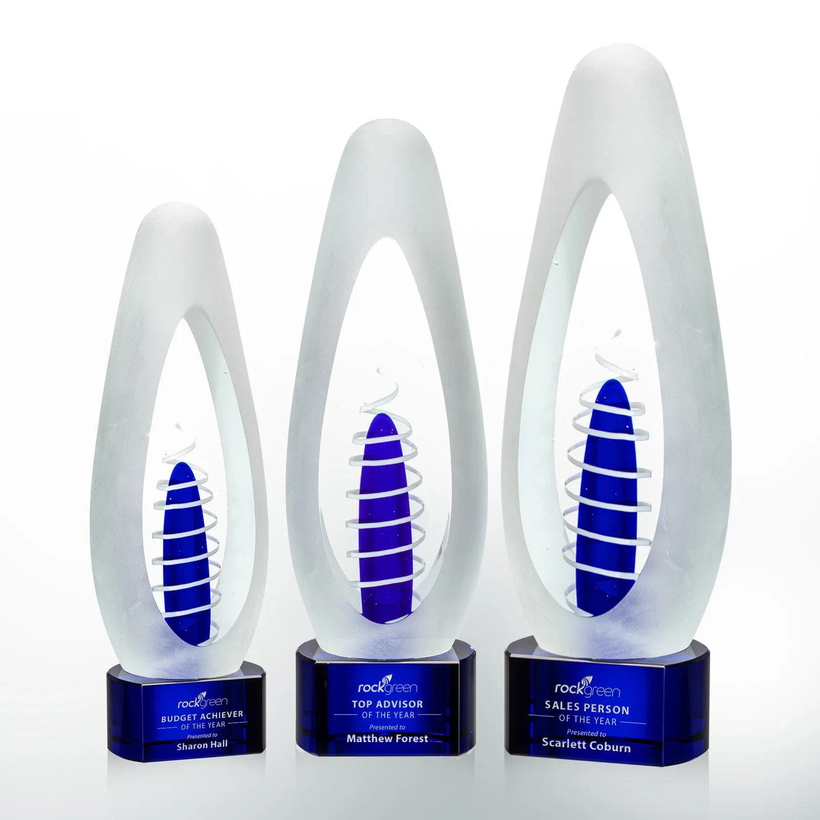 Custom Frosted Art Glass Egg Award With Sapphire and Ivory Center for retirement presentations