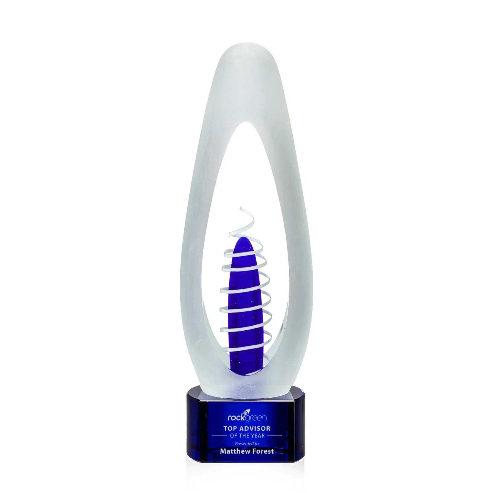Custom Frosted Art Glass Egg Award With Sapphire and Ivory Center for donor appreciation