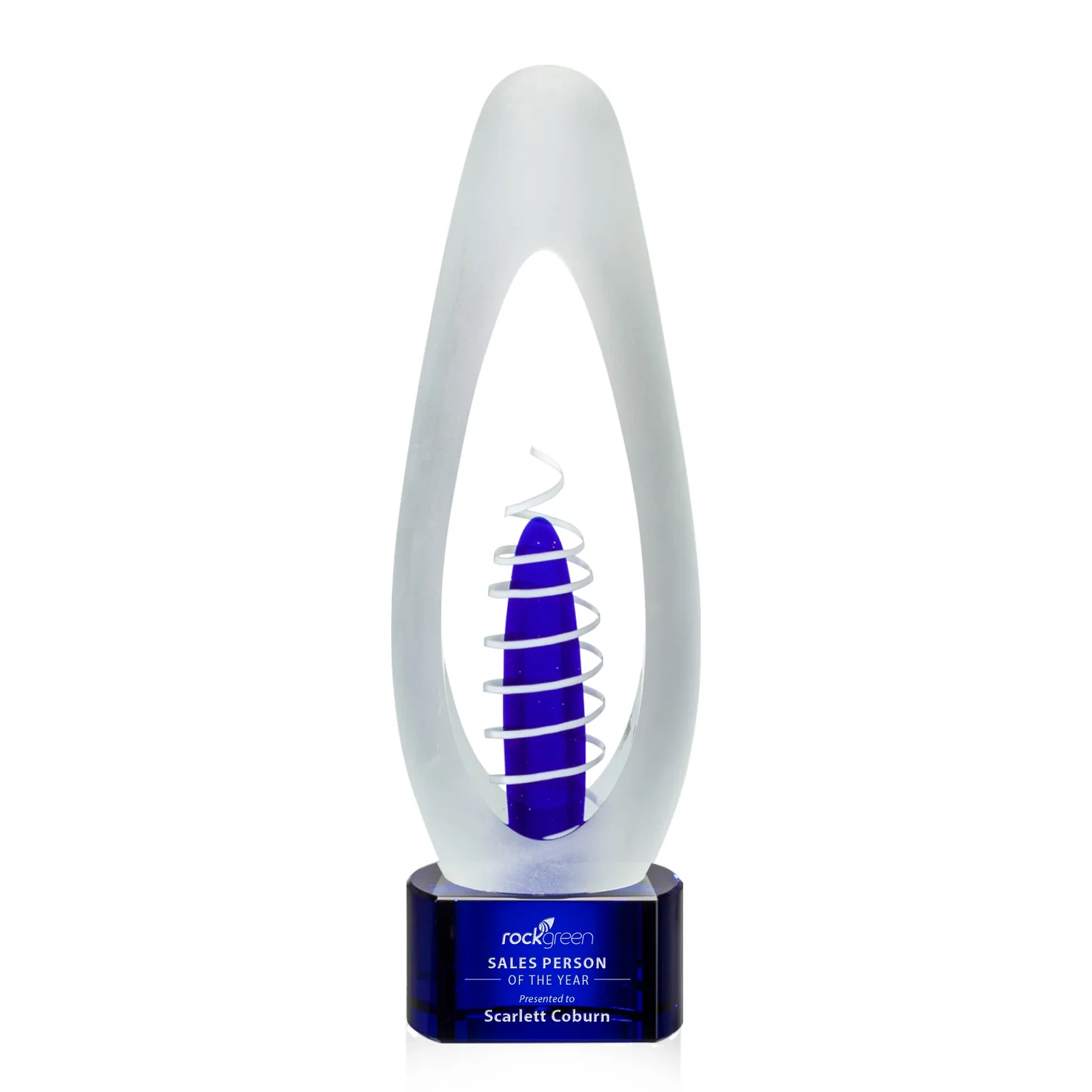 Custom Frosted Art Glass Egg Award With Sapphire and Ivory Center for graduation ceremonies
