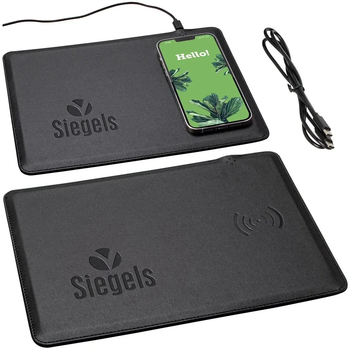 Custom Aspire Leatherette 15W charger mouse pad, top view of the branded desk pad