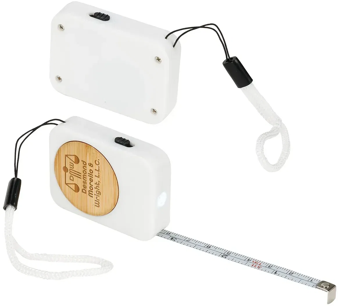 Branded bamboo tape measure with LED light, angled view with logo space
