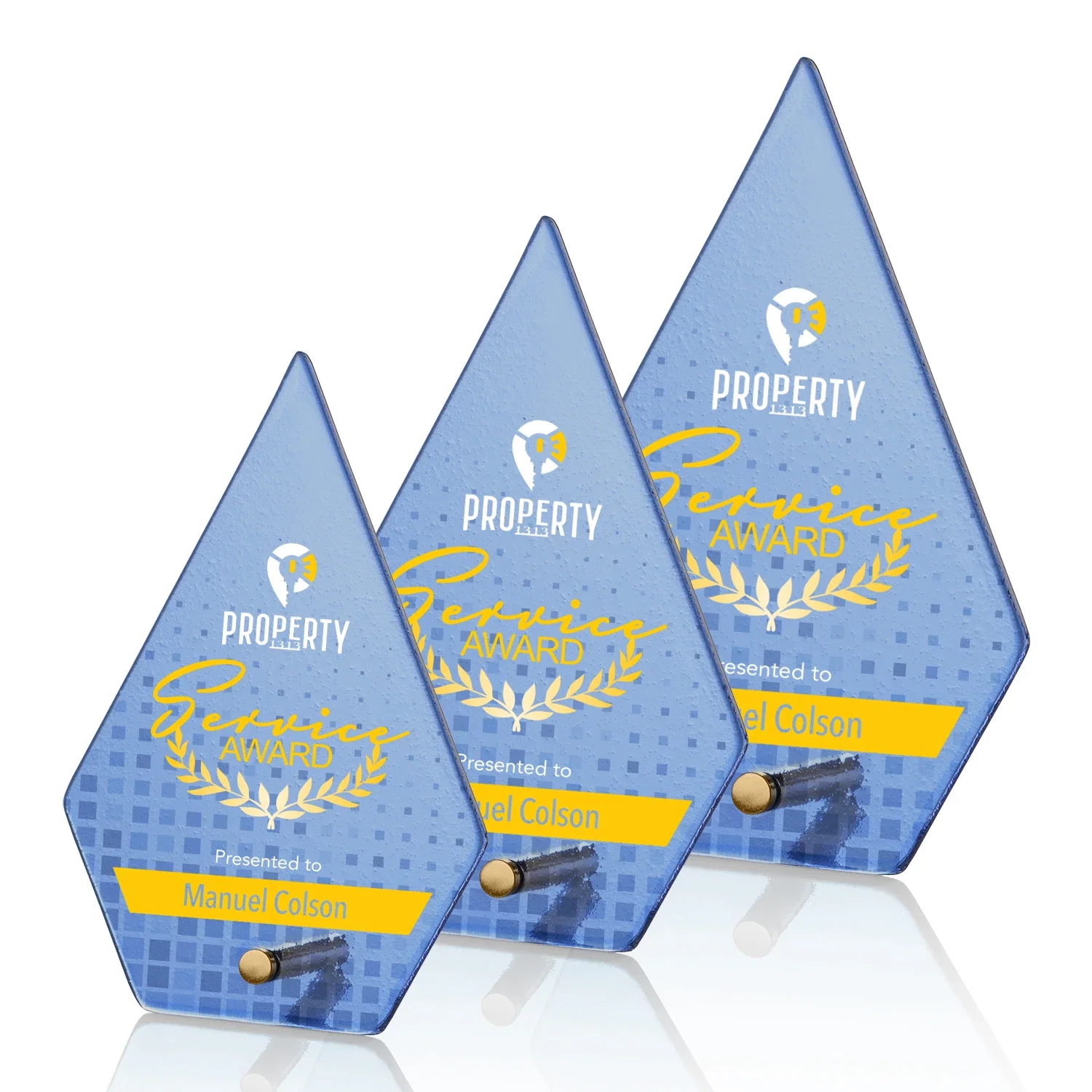 Personalized Frosted Ice-Texture Glass Diamond Award With Chrome Pin for employee recognition