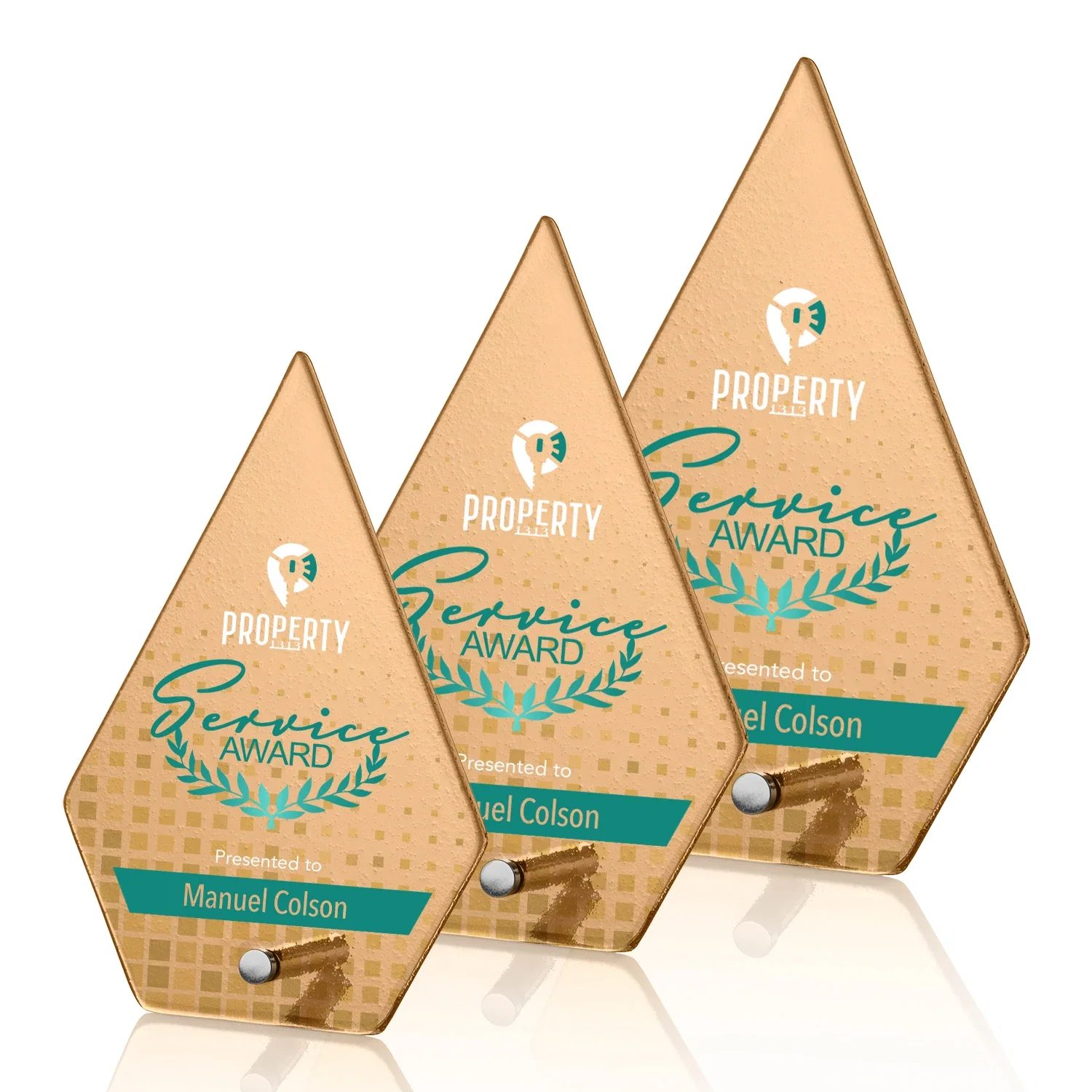 Promotional Frosted Ice-Texture Glass Diamond Award With Chrome Pin for retirement presentations