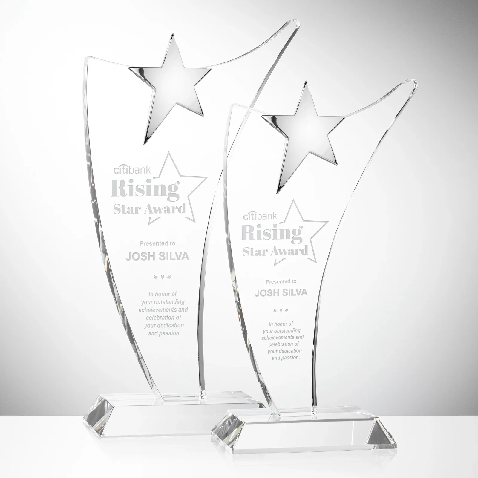 Custom Free-Flowing Optical Crystal Award with Chrome Star Peak for employee recognition