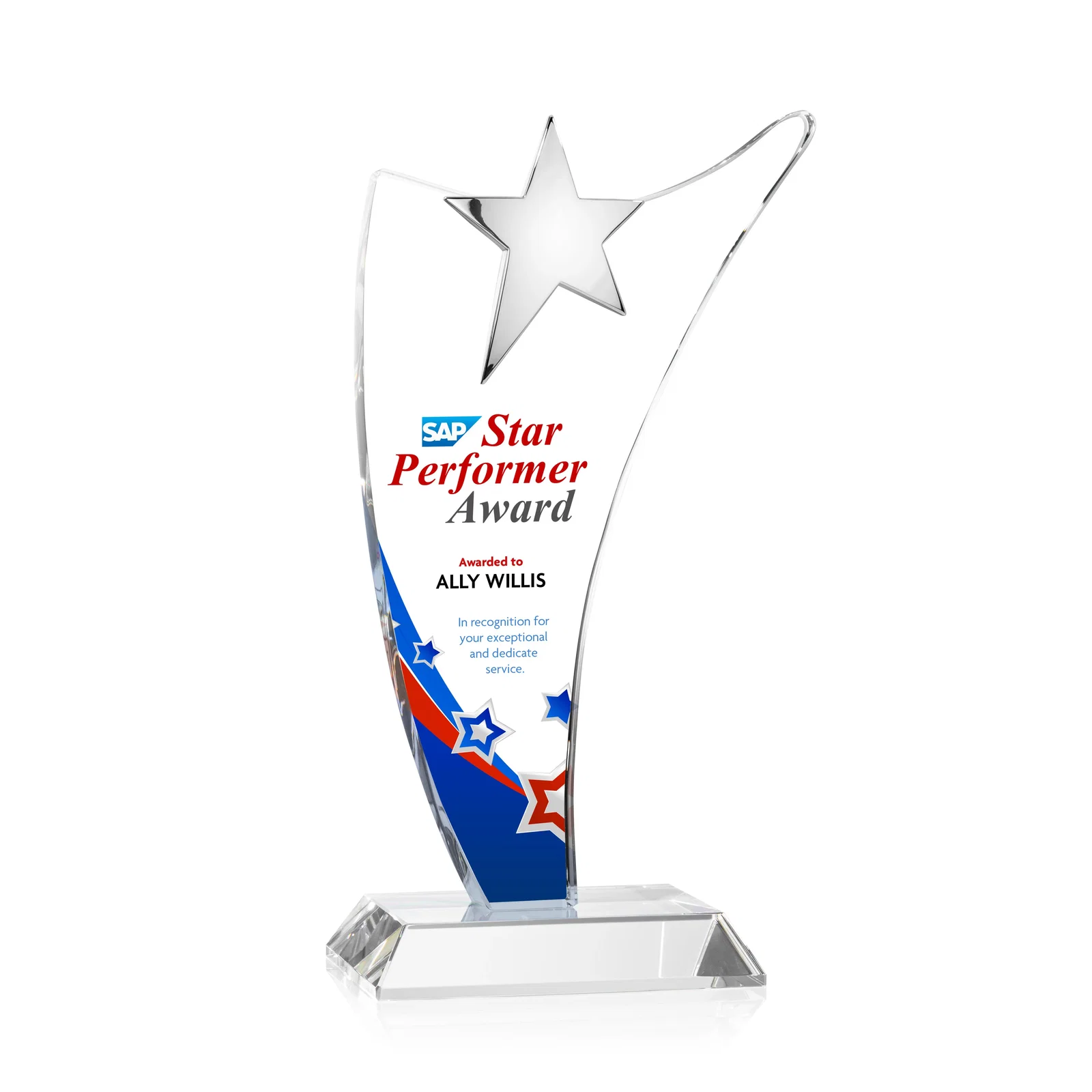 Custom Free-Flowing Optical Crystal Award with Chrome Star Peak for volunteer appreciation