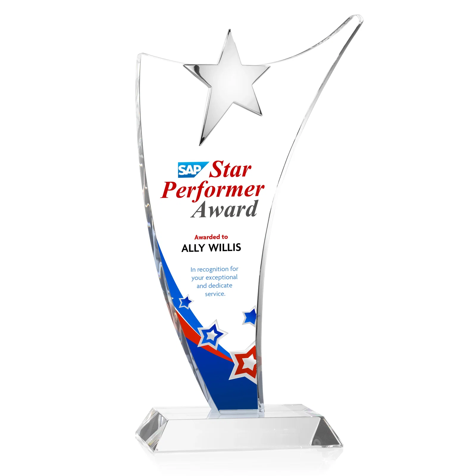 Custom Free-Flowing Optical Crystal Award with Chrome Star Peak for dealer and partner awards