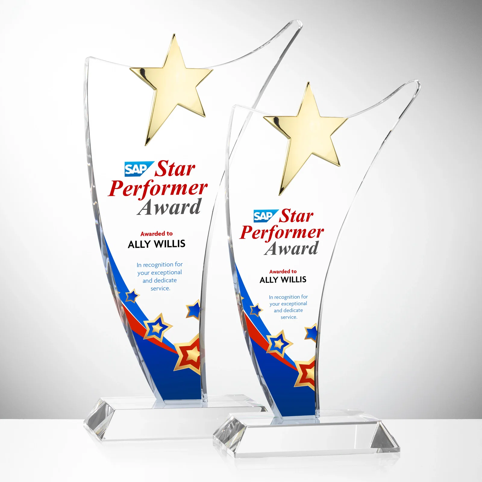 Custom Free-Flowing Optical Crystal Award with Chrome Star Peak for company anniversary events