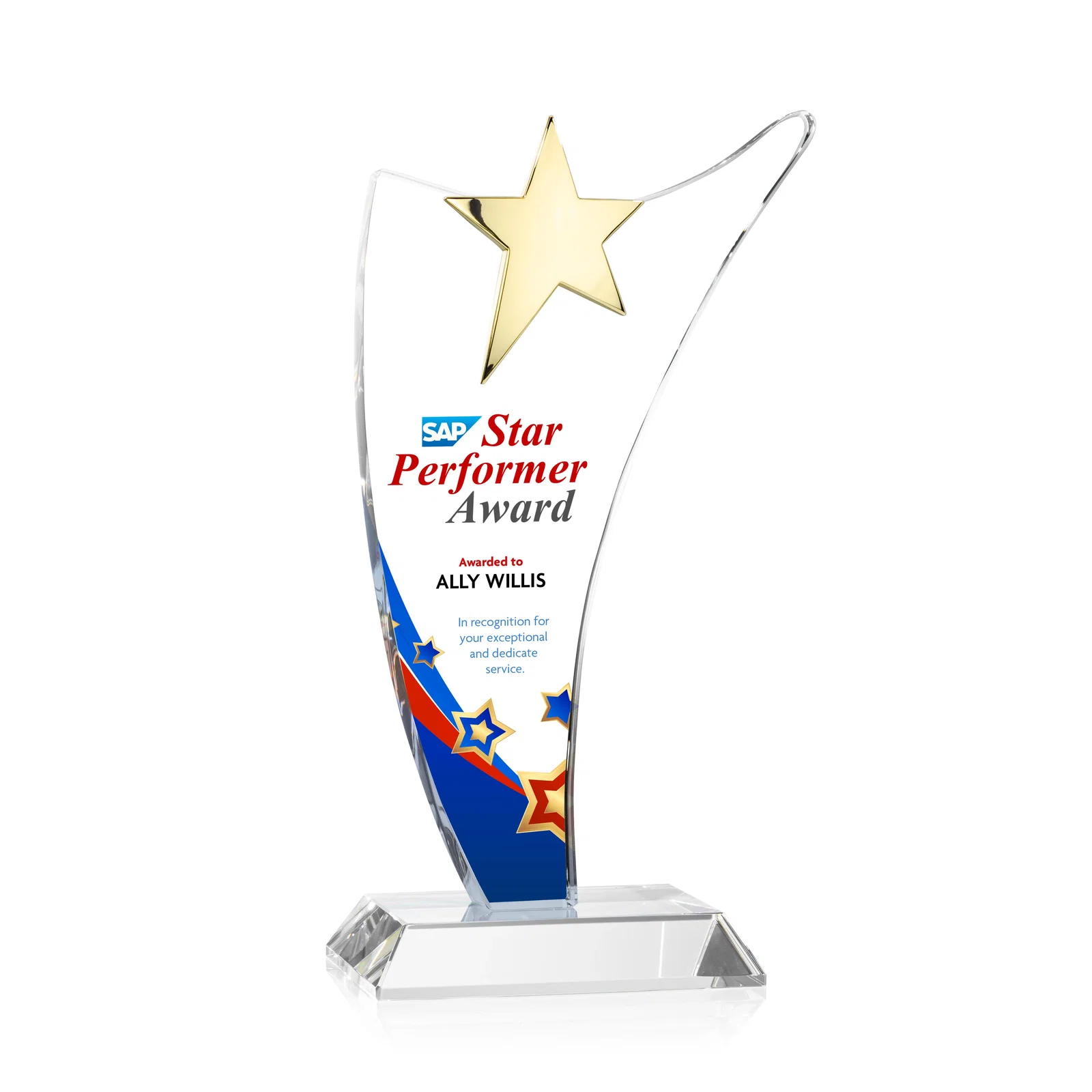 Personalized Free-Flowing Optical Crystal Award with Chrome Star Peak for employee recognition