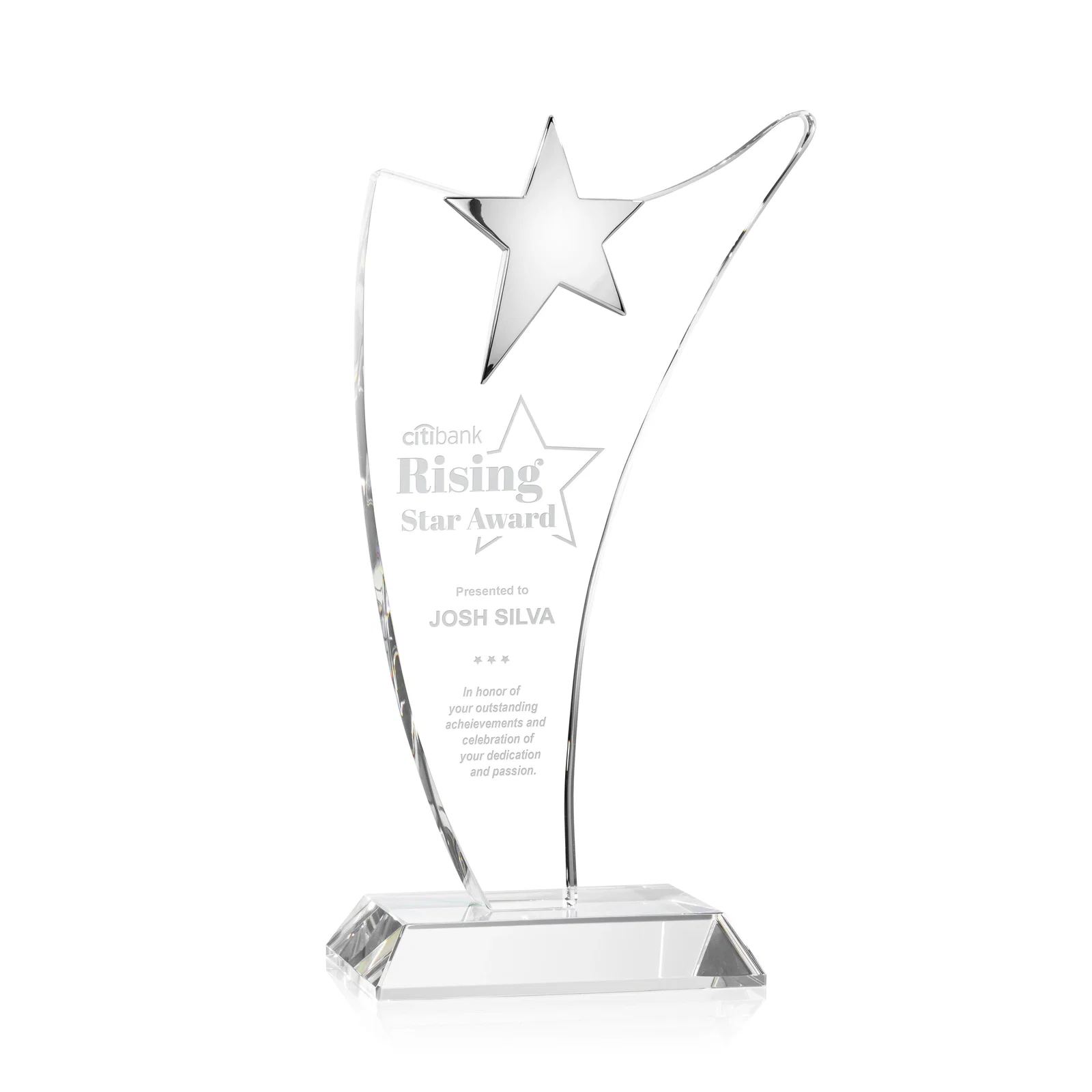 Custom Free-Flowing Optical Crystal Award with Chrome Star Peak for corporate award ceremonies