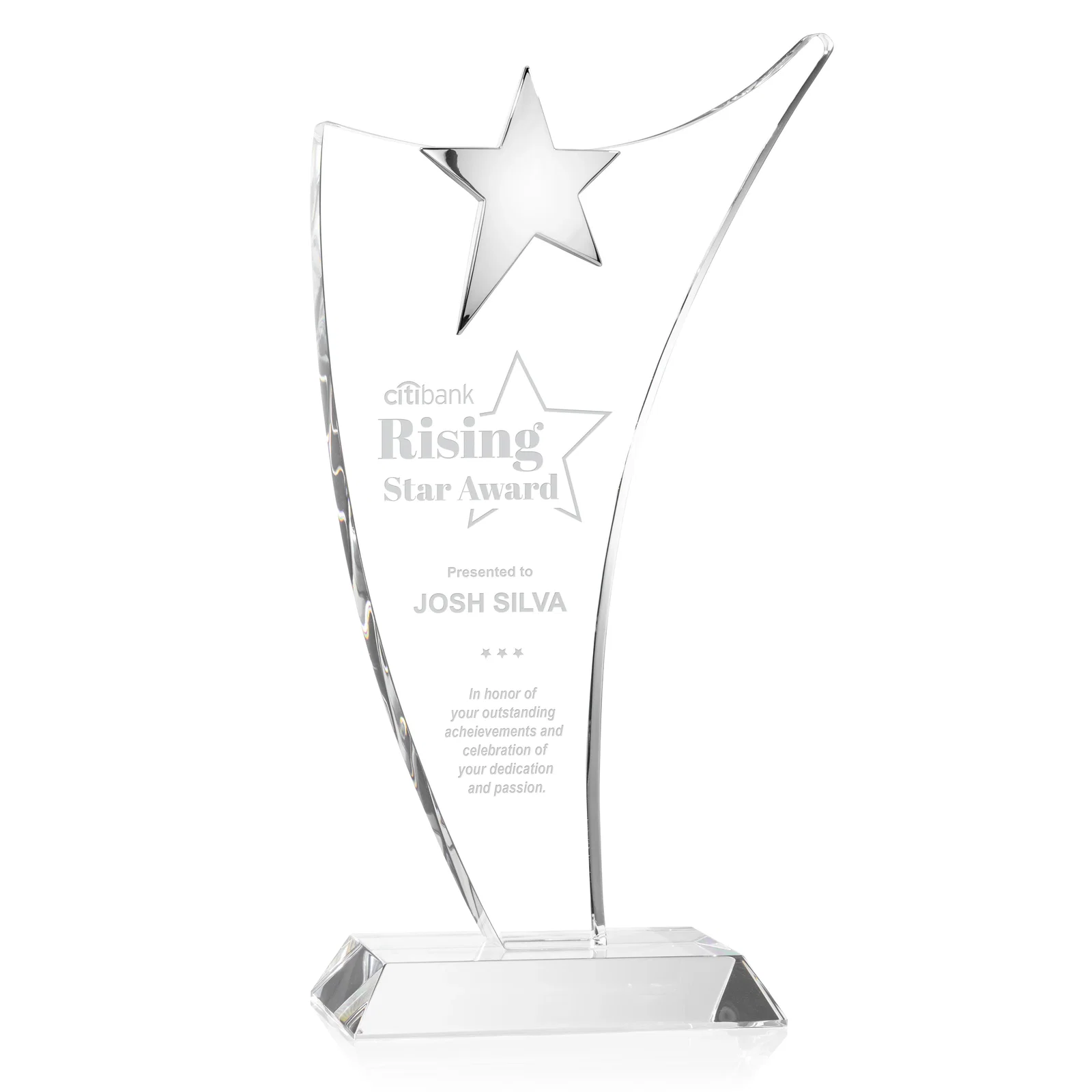 Custom Free-Flowing Optical Crystal Award with Chrome Star Peak for service anniversary gifts
