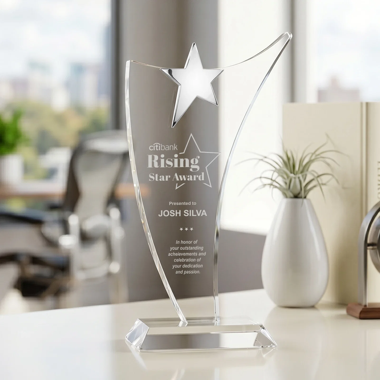 Custom Free-Flowing Optical Crystal Award with Chrome Star Peak for retirement presentations
