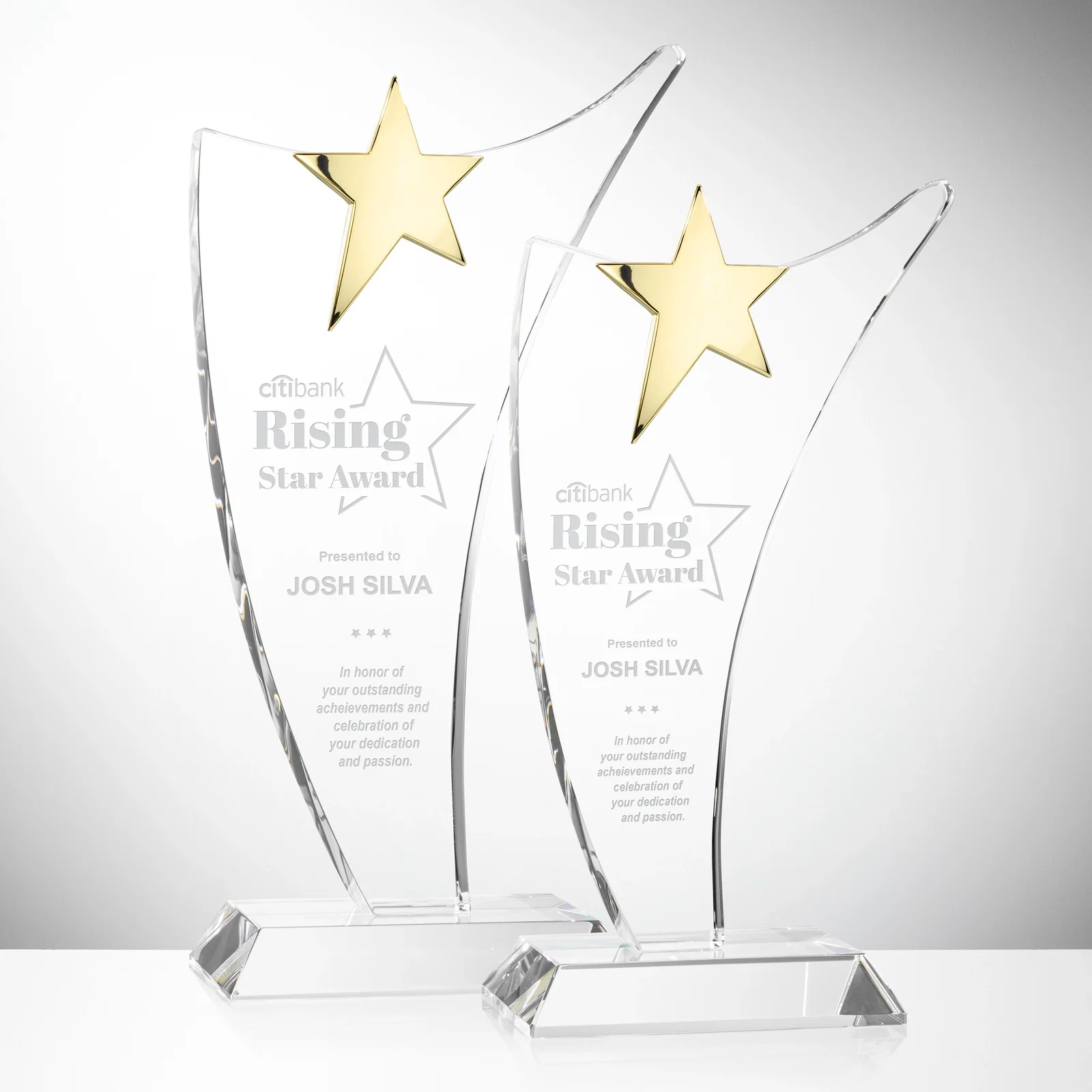 Custom Free-Flowing Optical Crystal Award with Chrome Star Peak for team milestone celebrations