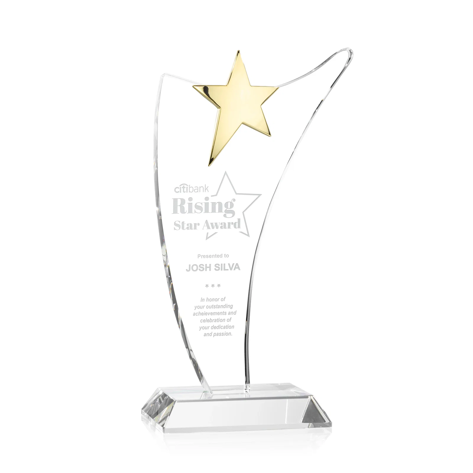 Custom Free-Flowing Optical Crystal Award with Chrome Star Peak for donor appreciation