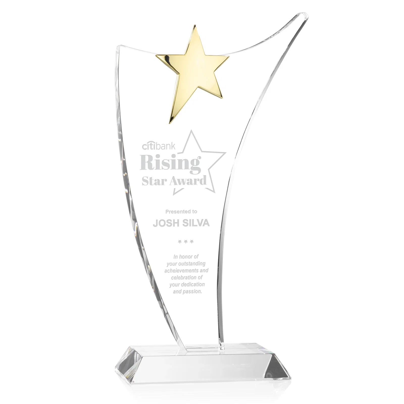 Custom Free-Flowing Optical Crystal Award with Chrome Star Peak for graduation ceremonies