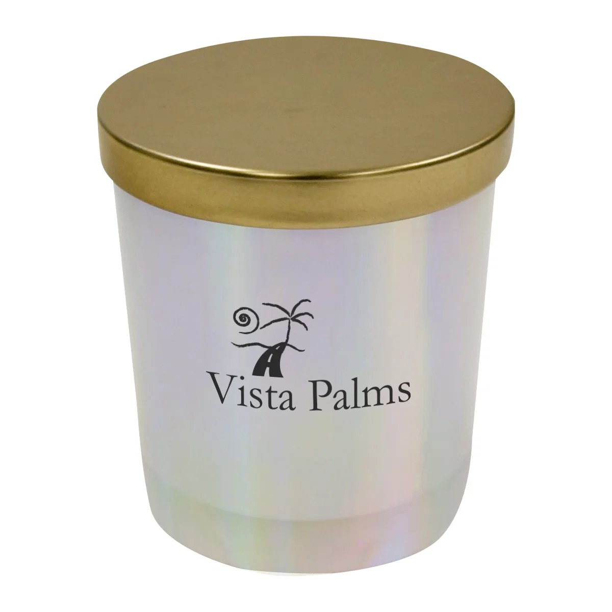 Glass candle in an iridescent jar with a copper lid