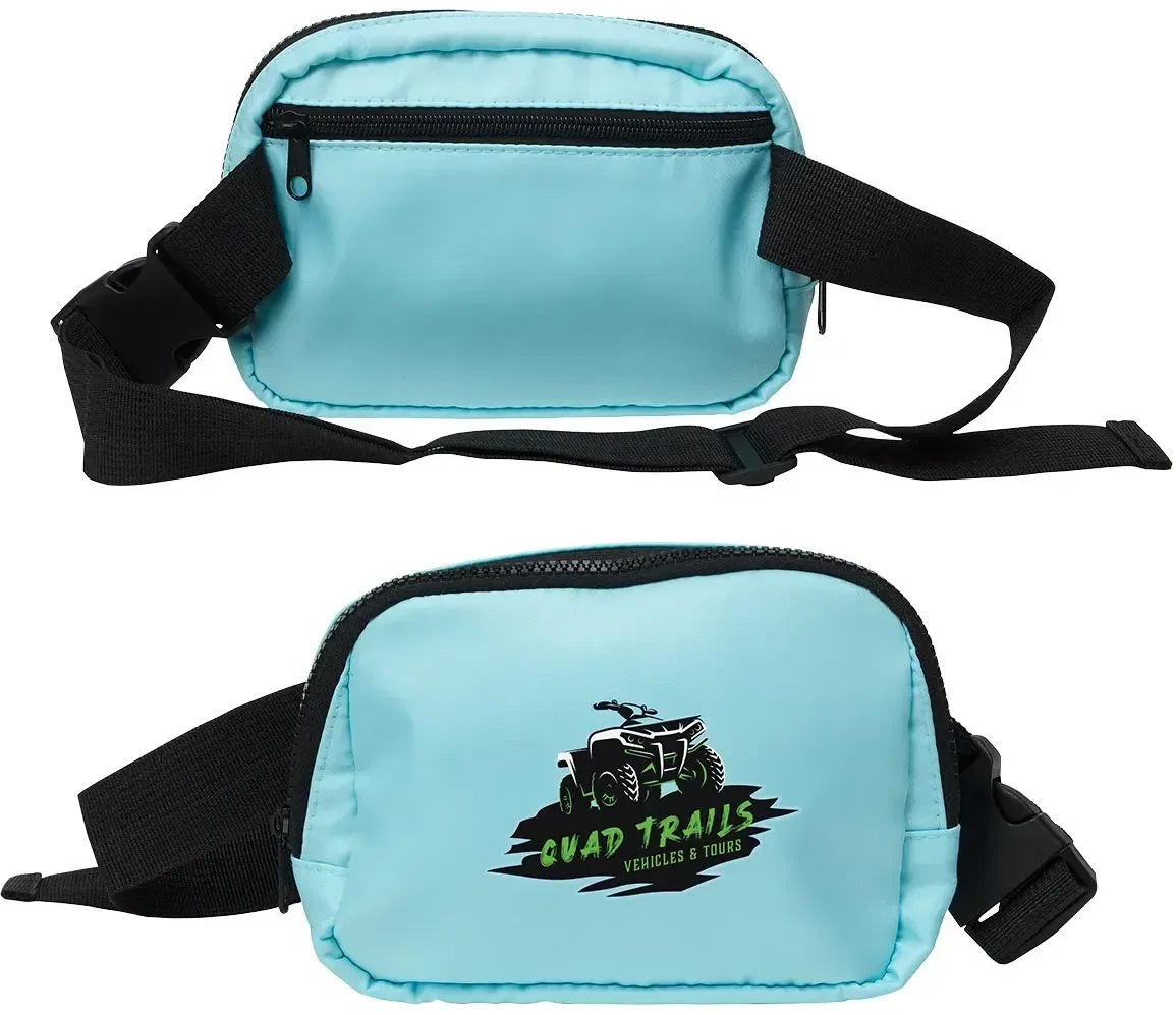 Custom Atlas polyester belt bag worn across the chest, lifestyle shot