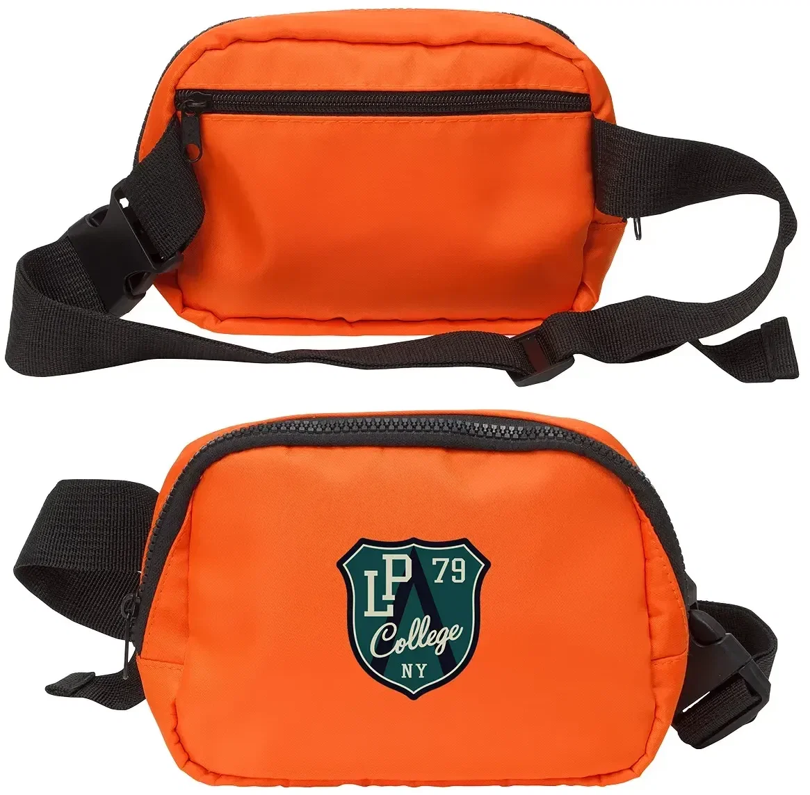 Branded Atlas zippered belt bag showing main zip pocket, detail view