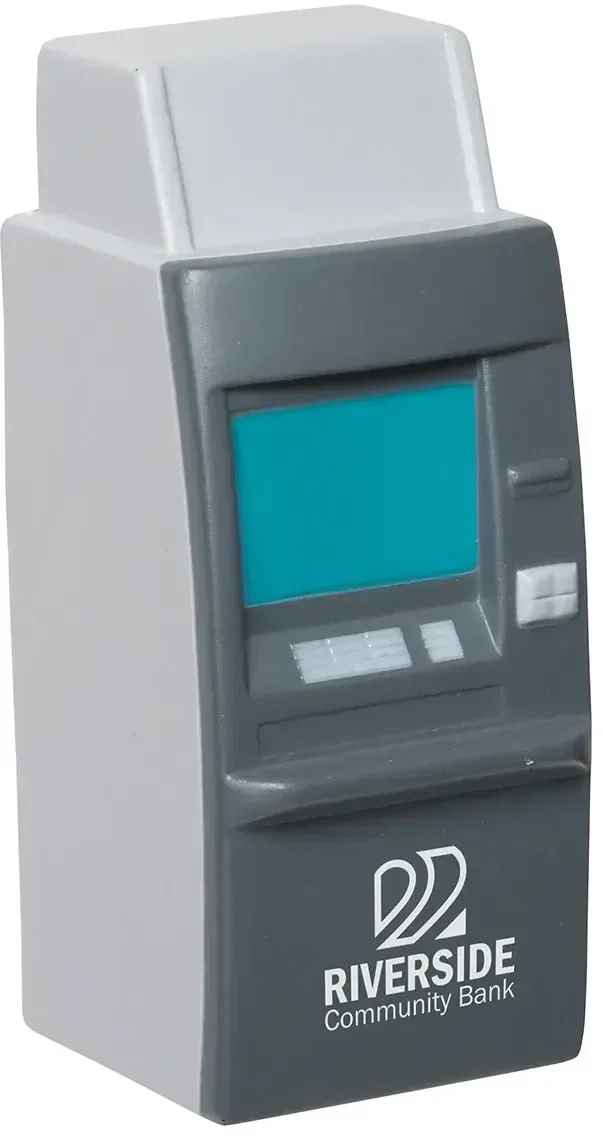 Custom ATM Machine Stress Reliever, branded cash-machine squeeze toy with multiple logo print panels for banks