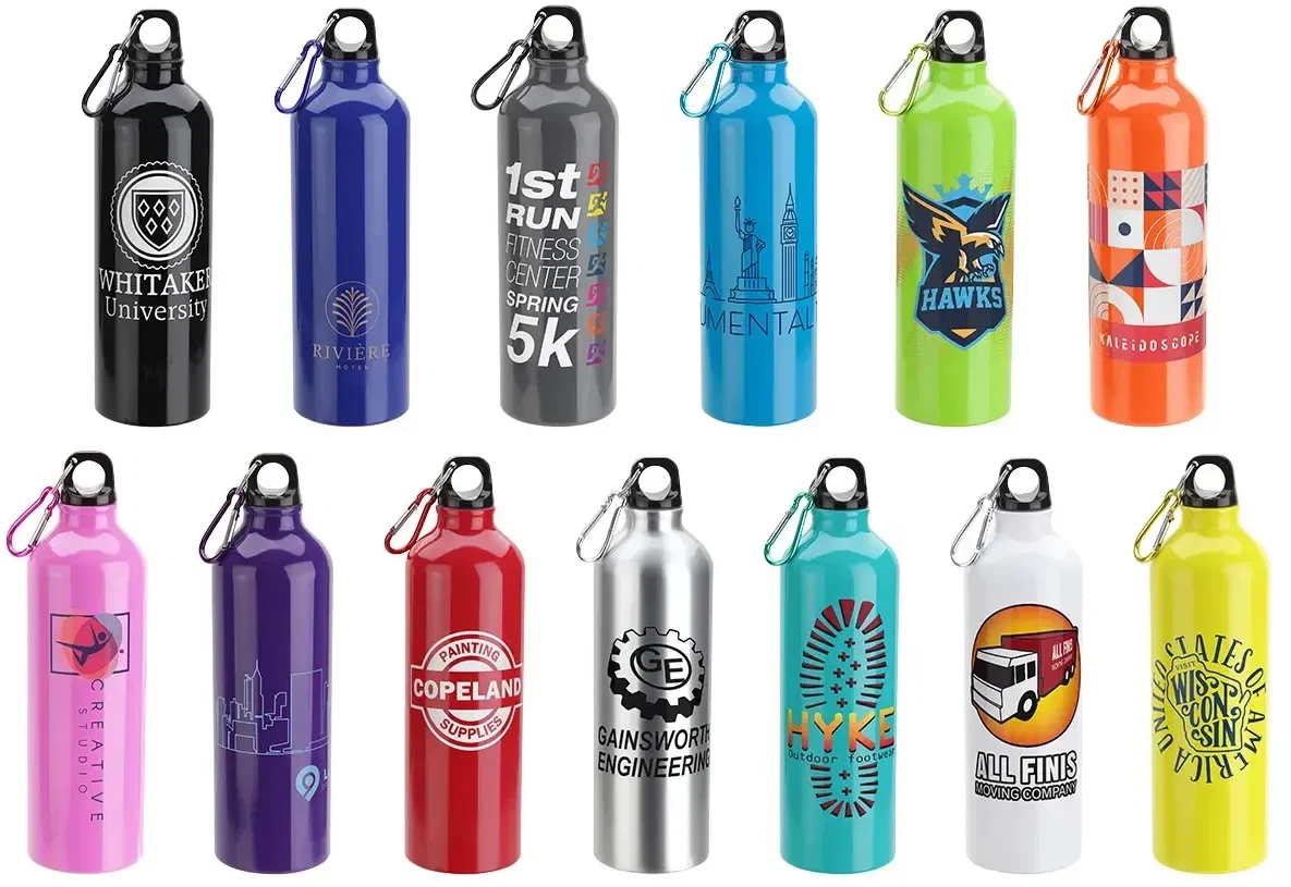 Custom Atrium Carabiner 25 oz aluminum bottle, front view of the branded water bottle
