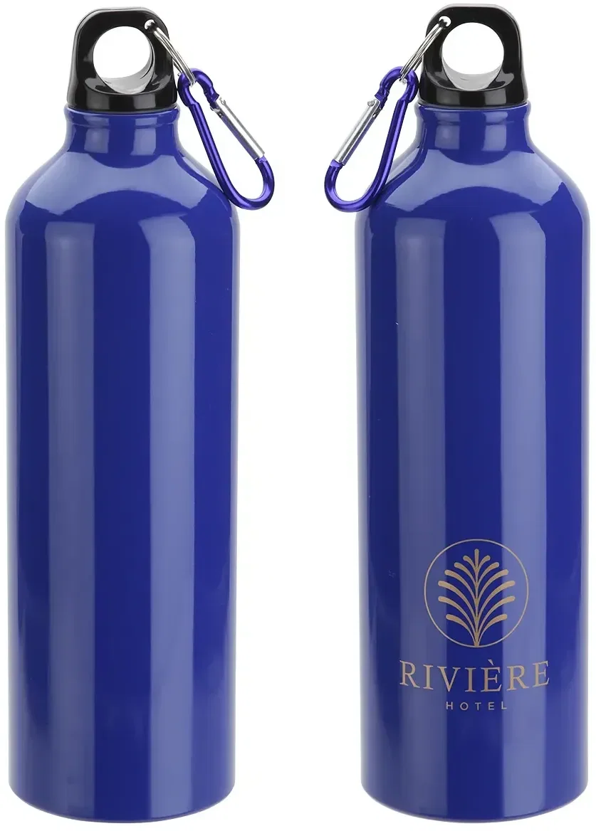 Branded Atrium aluminum bottle clipped to a bag, promotional carabiner drinkware
