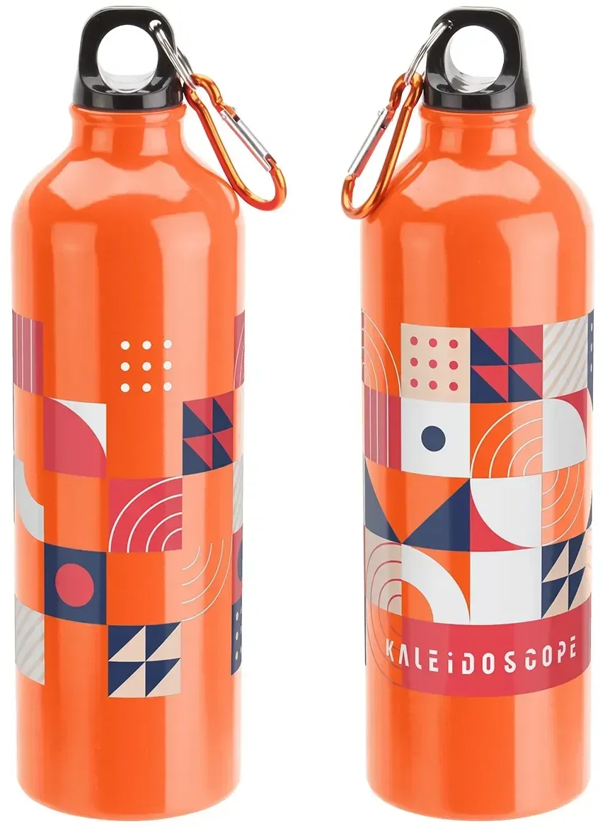 Branded Atrium aluminum bottle showing the clip-on carabiner, promotional drinkware
