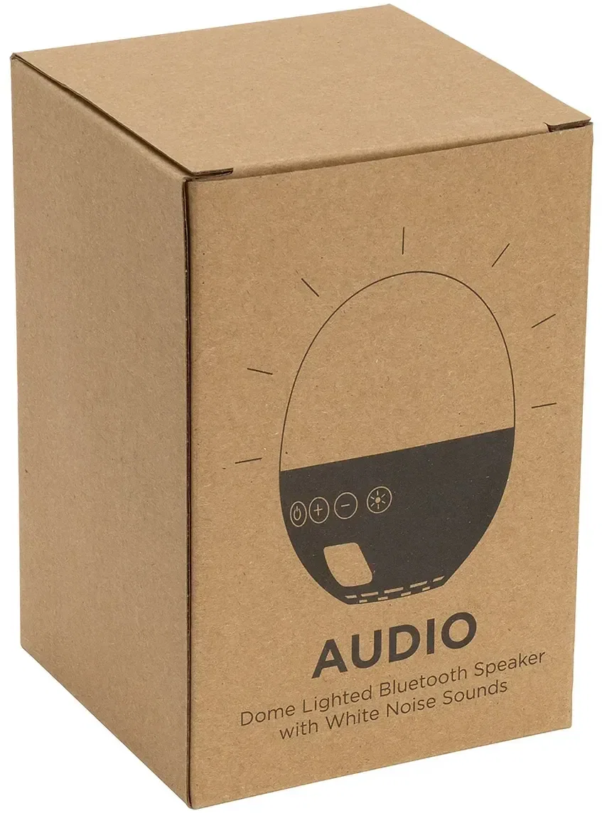 Branded Audio Dome white noise speaker on a nightstand, in-use view