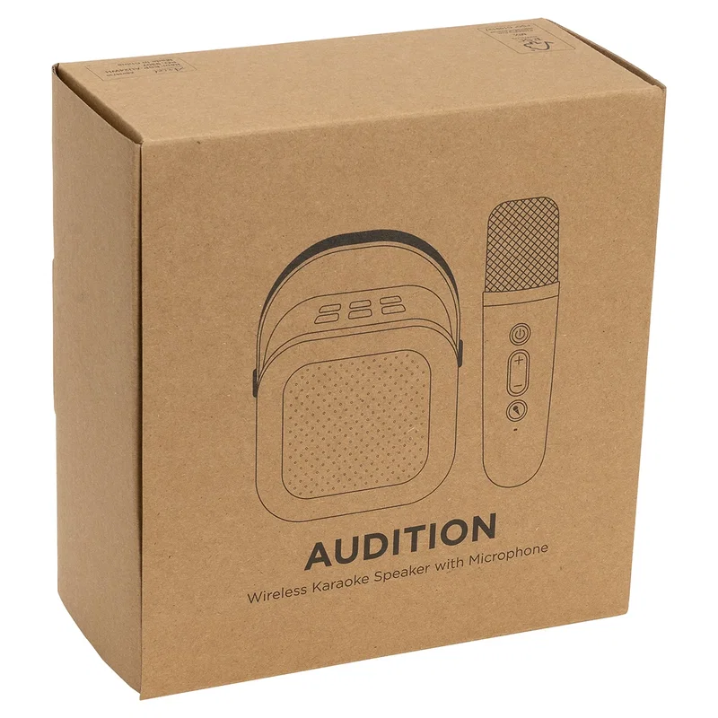 Audition wireless karaoke speaker with handheld microphone, 7-color LED lights, and voice-changing effects