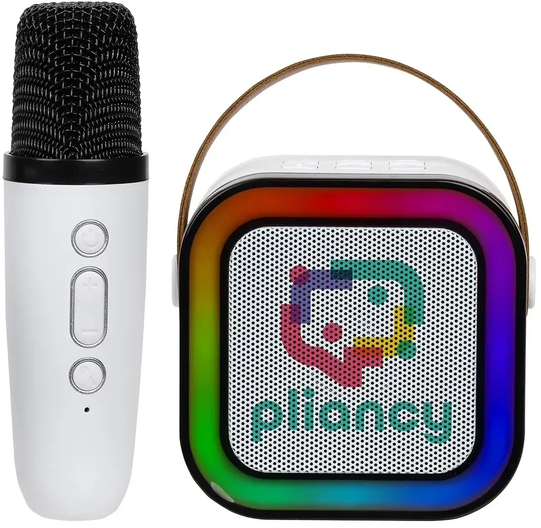 Custom Audition wireless karaoke speaker with matching handheld microphone, front view