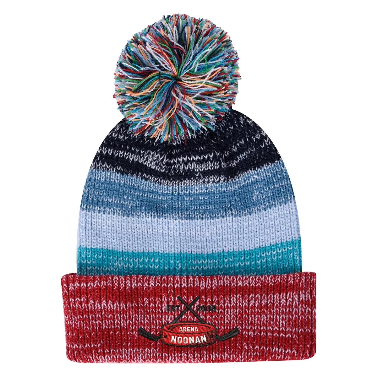 Rainbow knit beanie topped with a matching pom