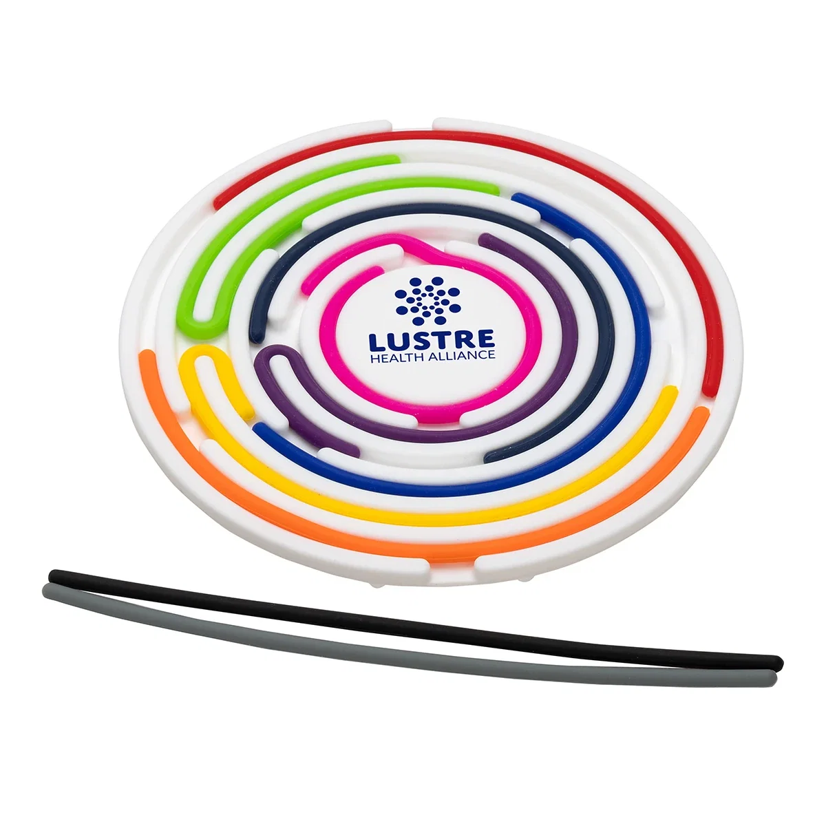 Custom Aura Sensory Activity Game, front view of the grooved maze board with two silicone tracing cords