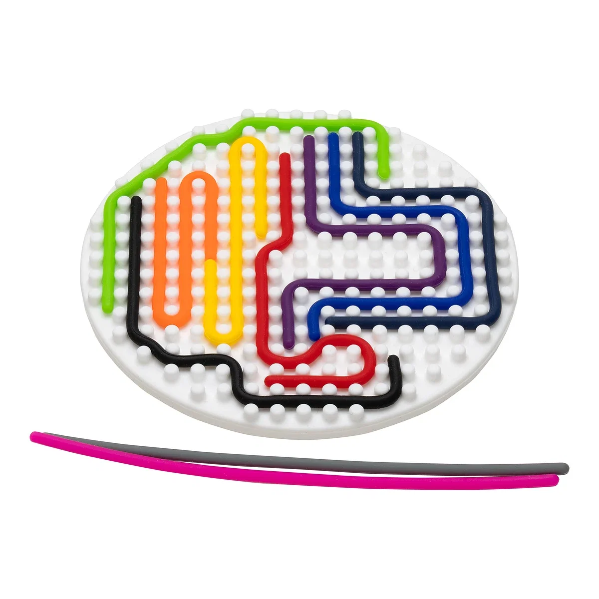 Back of the Aura Sensory Activity Game's pegged board with colored silicone cords woven into a path pattern