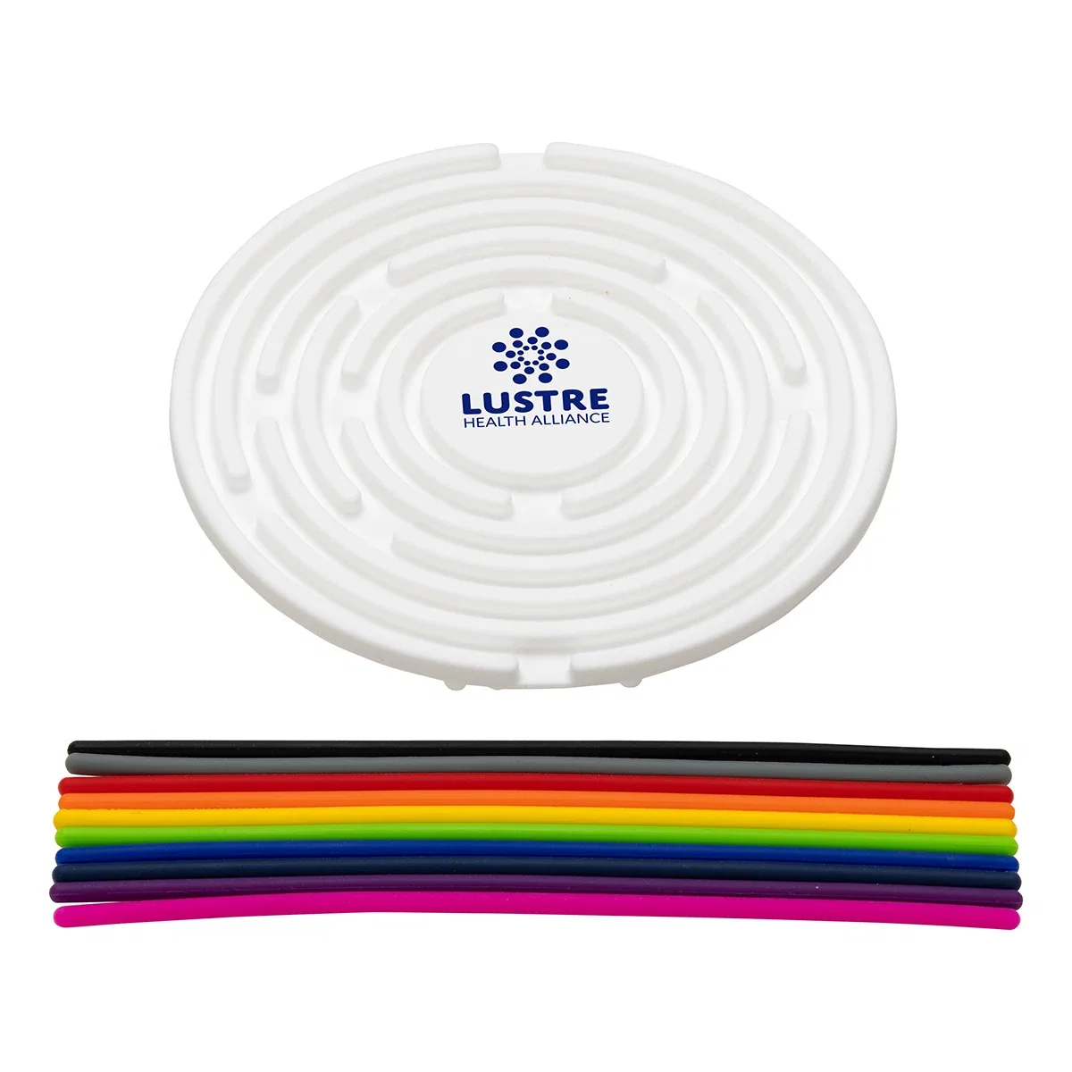 Aura Sensory Activity Game's grooved front panel shown blank next to the complete set of 8 colored silicone cords