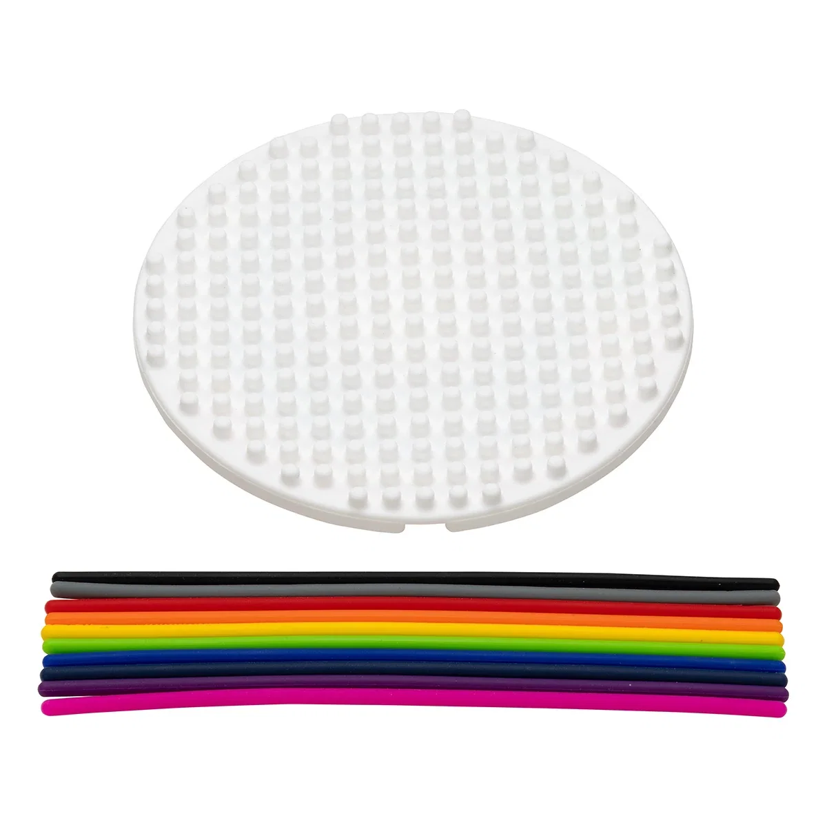 Back of the Aura Sensory Activity Game's pegged panel shown blank next to the set of colored silicone cords