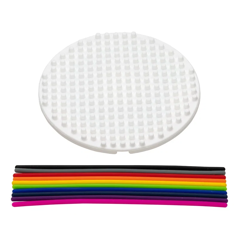 Back of the Aura Sensory Activity Game's pegged panel shown blank next to the set of colored silicone cords